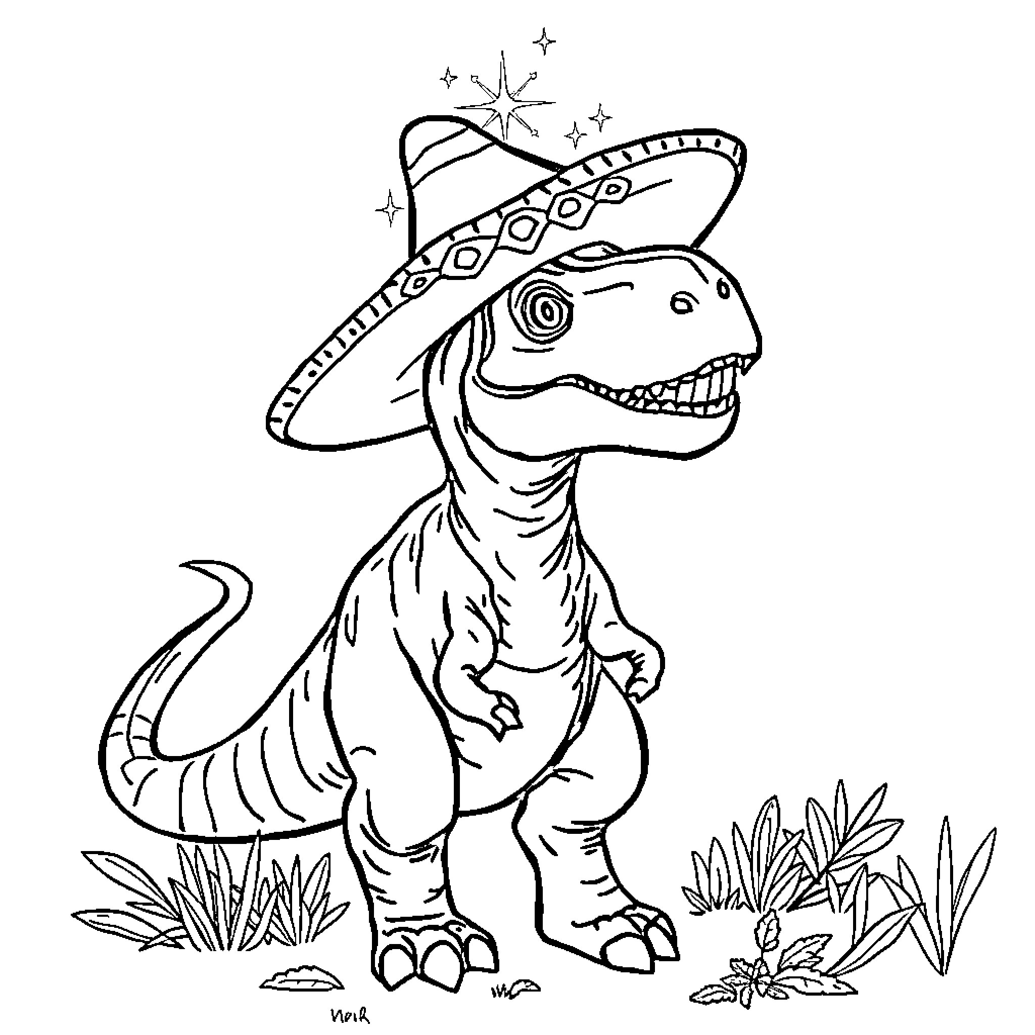 Dinosaur wearing a fancy hat in the jungle Coloring Page (free black-and-white line drawing printable PDF for all, from beginners to advanced learners, including children, teens, adults, and seniors)