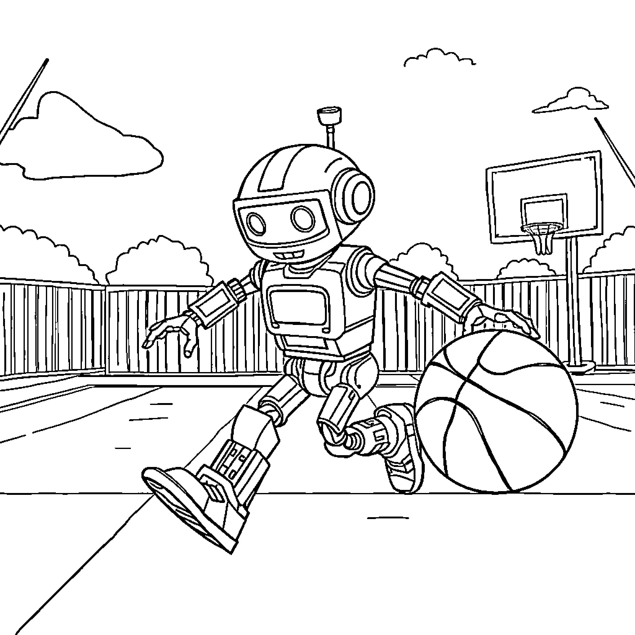 Robot playing basketball on the court Coloring Page (free black-and-white line drawing printable PDF for all, from beginners to advanced learners, including children, teens, adults, and seniors)