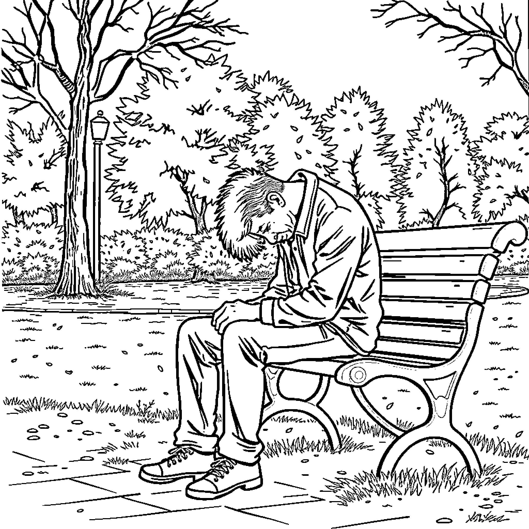 Man resting alone in park on bench Coloring Page (free black-and-white line drawing printable PDF for all, from beginners to advanced learners, including children, teens, adults, and seniors)