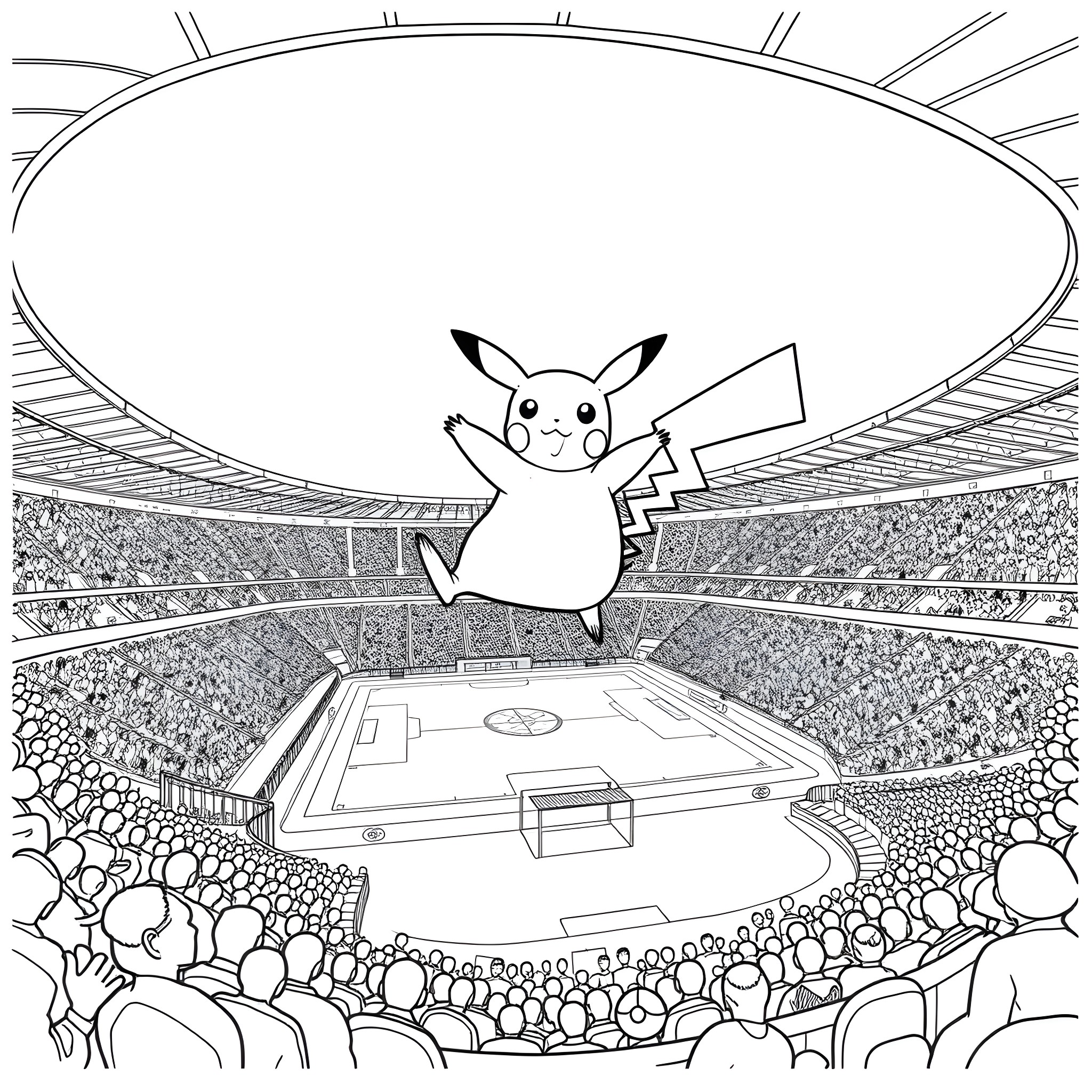 Pikachu celebrates in the stadium Coloring Page (free black-and-white line drawing printable PDF for all, from beginners to advanced learners, including children, teens, adults, and seniors)