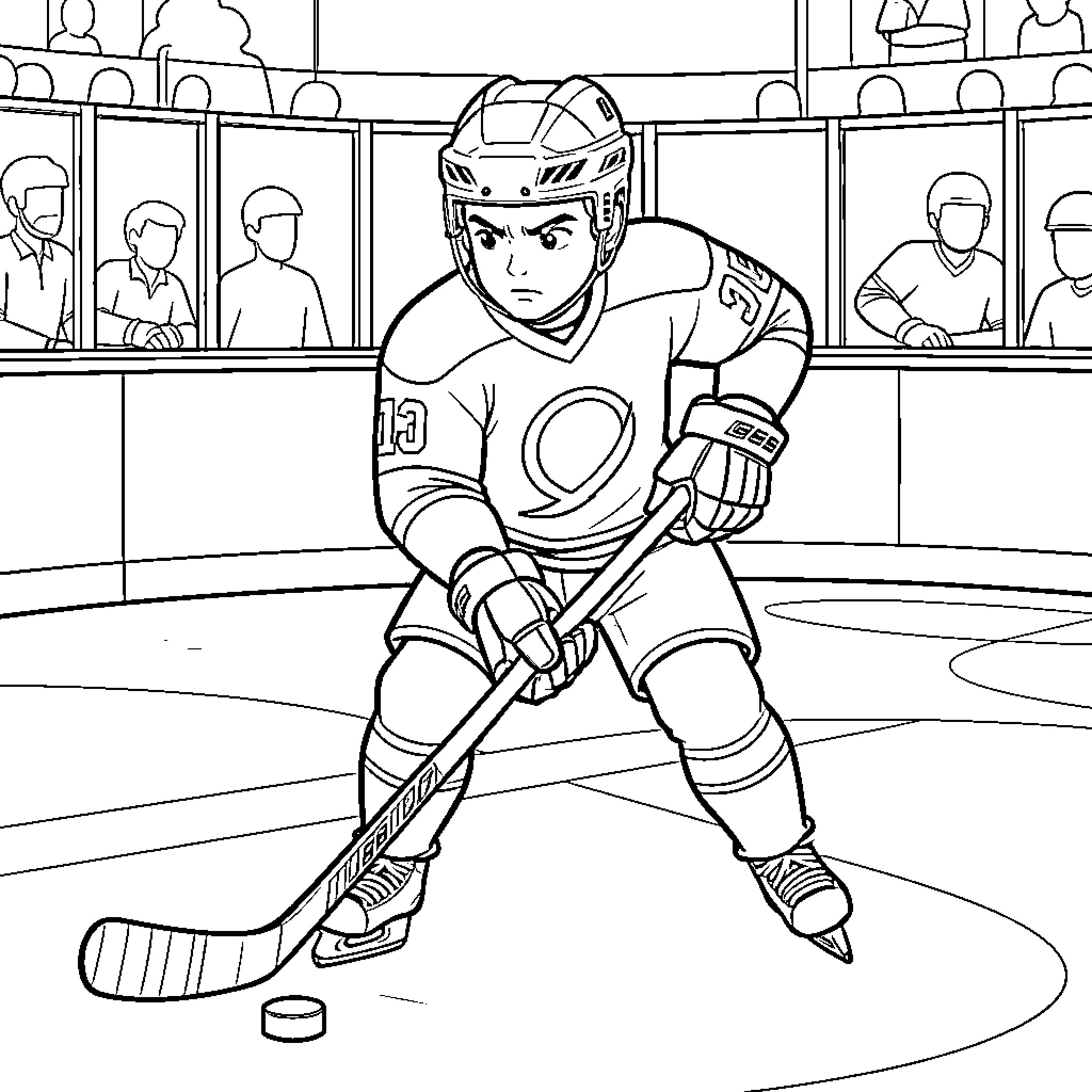 Lane Hudson playing hockey on ice rink Coloring Page (free black-and-white line drawing printable PDF for all, from beginners to advanced learners, including children, teens, adults, and seniors)