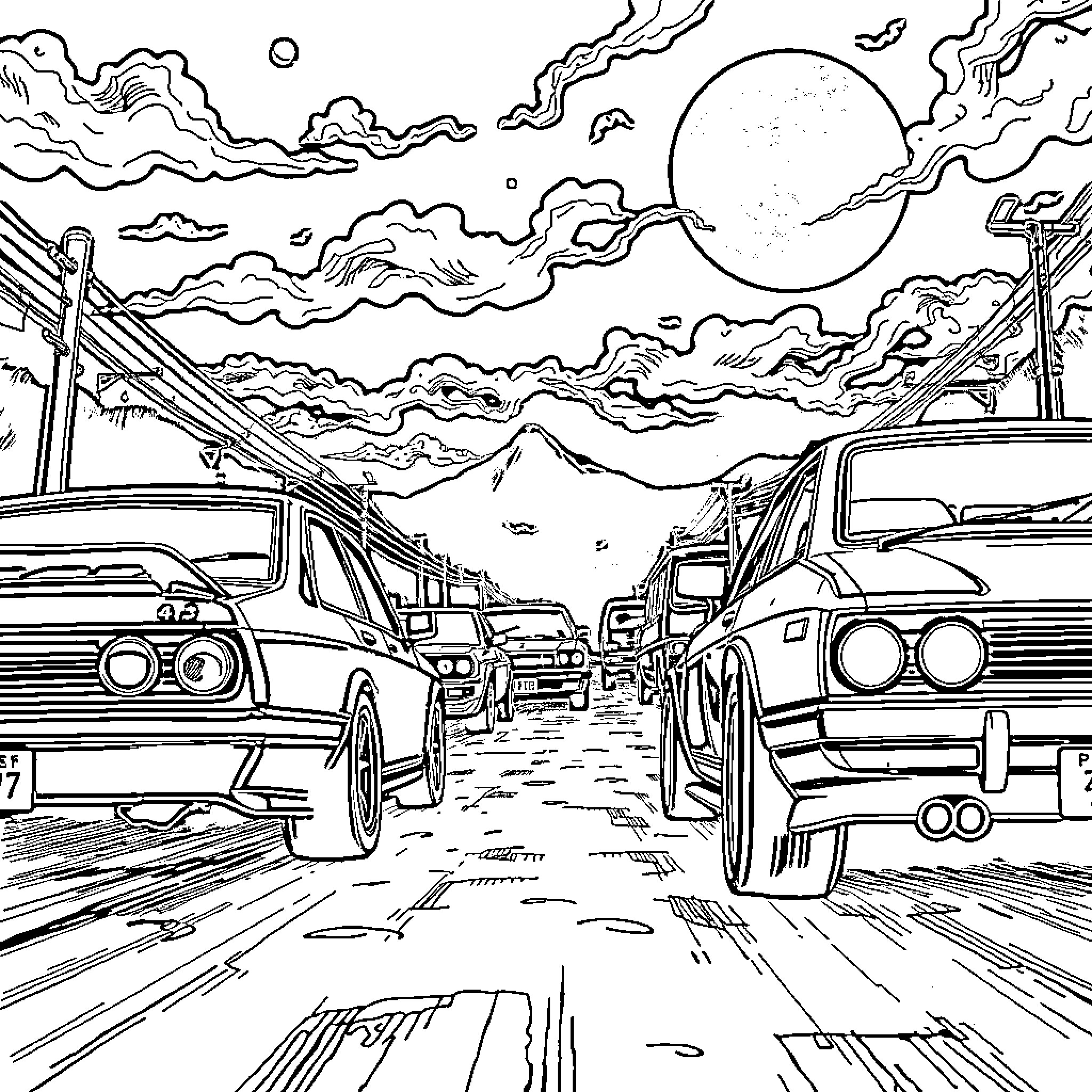 JDM Vehicles Parked under the Moonlit Sky Coloring Page (free black-and-white line drawing printable PDF for all, from beginners to advanced learners, including children, teens, adults, and seniors)