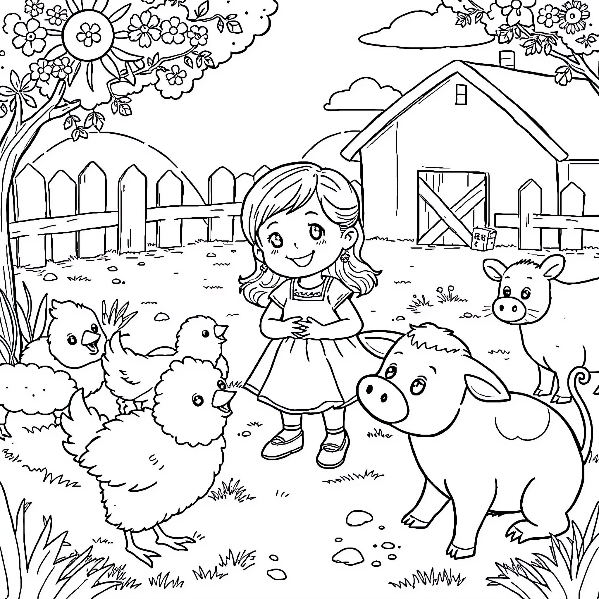 Girl playing joyfully with farm animals on a sunny day Coloring Page (free black-and-white line drawing printable PDF for all, from beginners to advanced learners, including children, teens, adults, and seniors)
