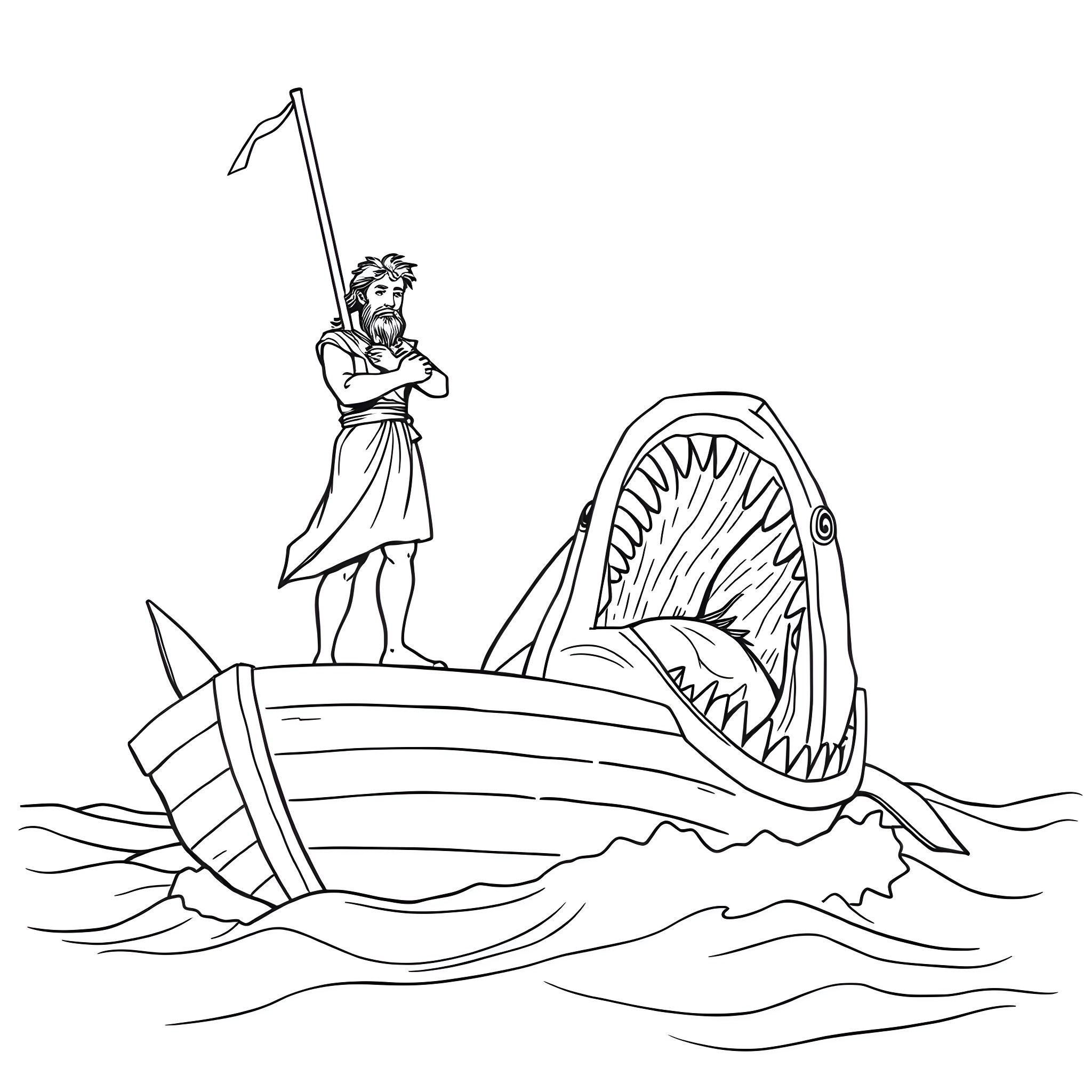 Jonah facing the giant fish in the sea Coloring Page (free black-and-white line drawing printable PDF for all, from beginners to advanced learners, including children, teens, adults, and seniors)