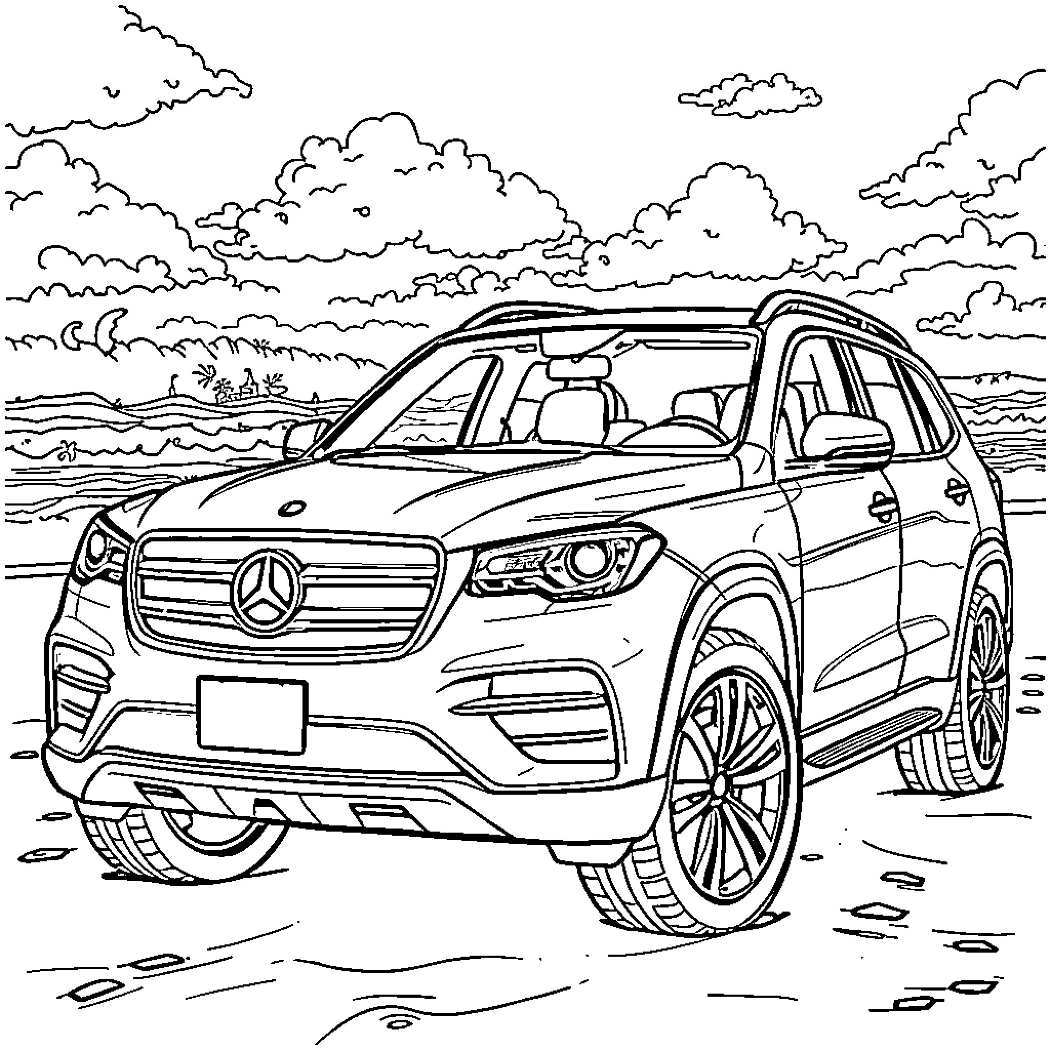 Sxs Suv in Scenic Outdoor Setting Coloring Page (free black-and-white line drawing printable PDF for all, from beginners to advanced learners, including children, teens, adults, and seniors)