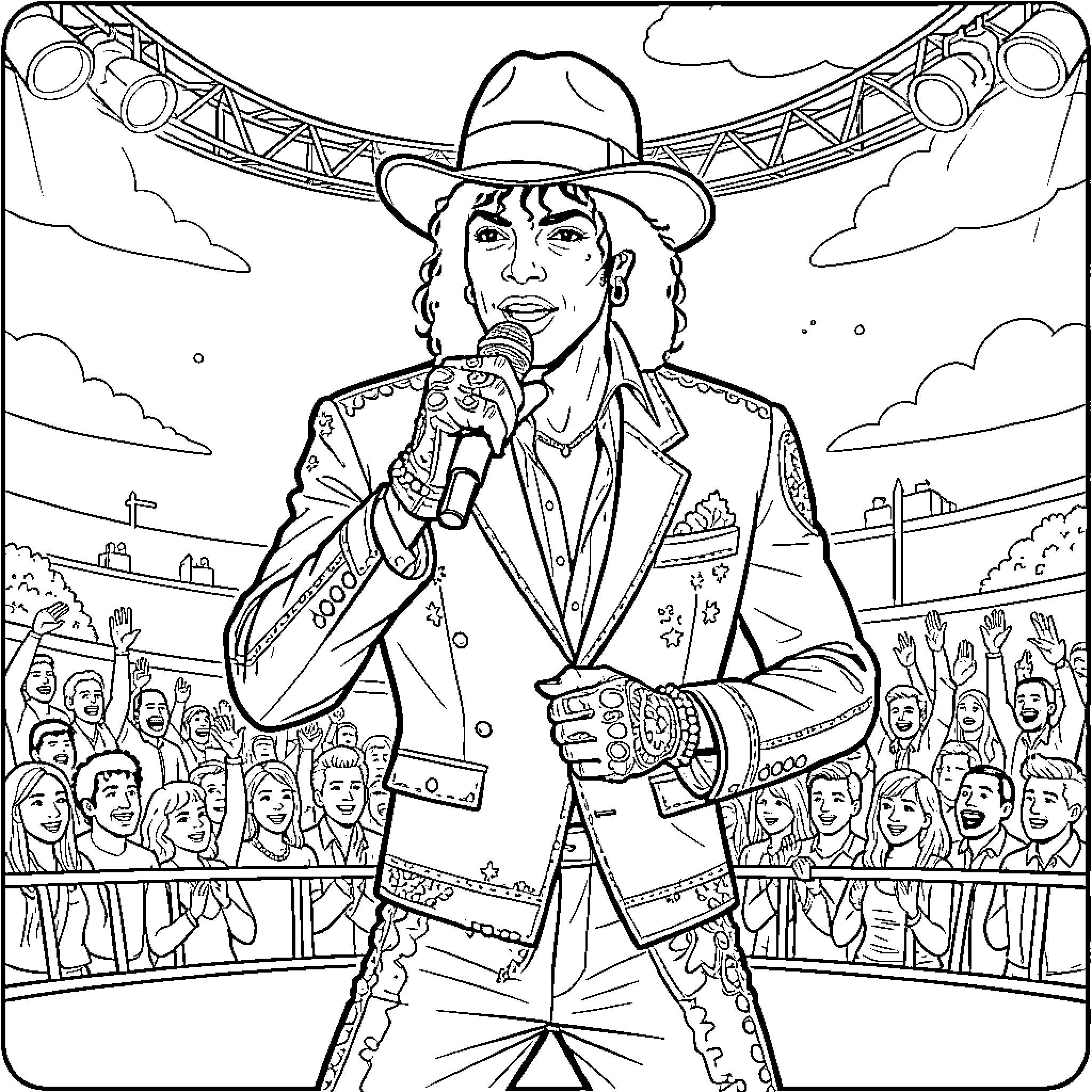 Michael Jackson performing on stage with a microphone Coloring Page (free black-and-white line drawing printable PDF for all, from beginners to advanced learners, including children, teens, adults, and seniors)