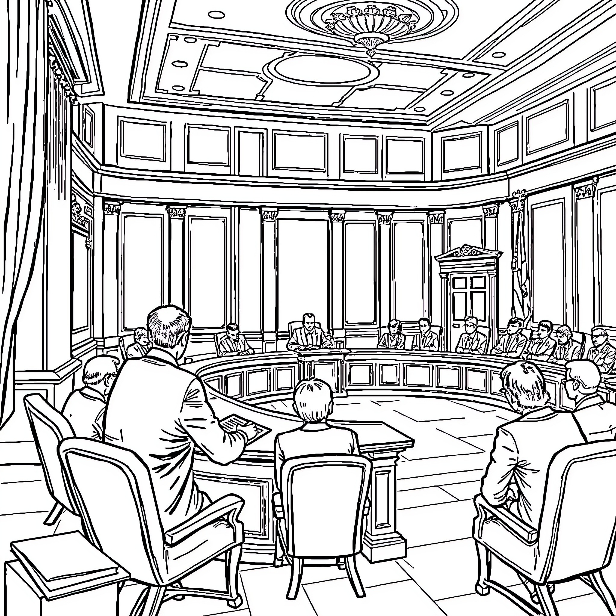 Epilepsy Courtroom Proceedings Coloring Page (free black-and-white line drawing printable PDF for all, from beginners to advanced learners, including children, teens, adults, and seniors)