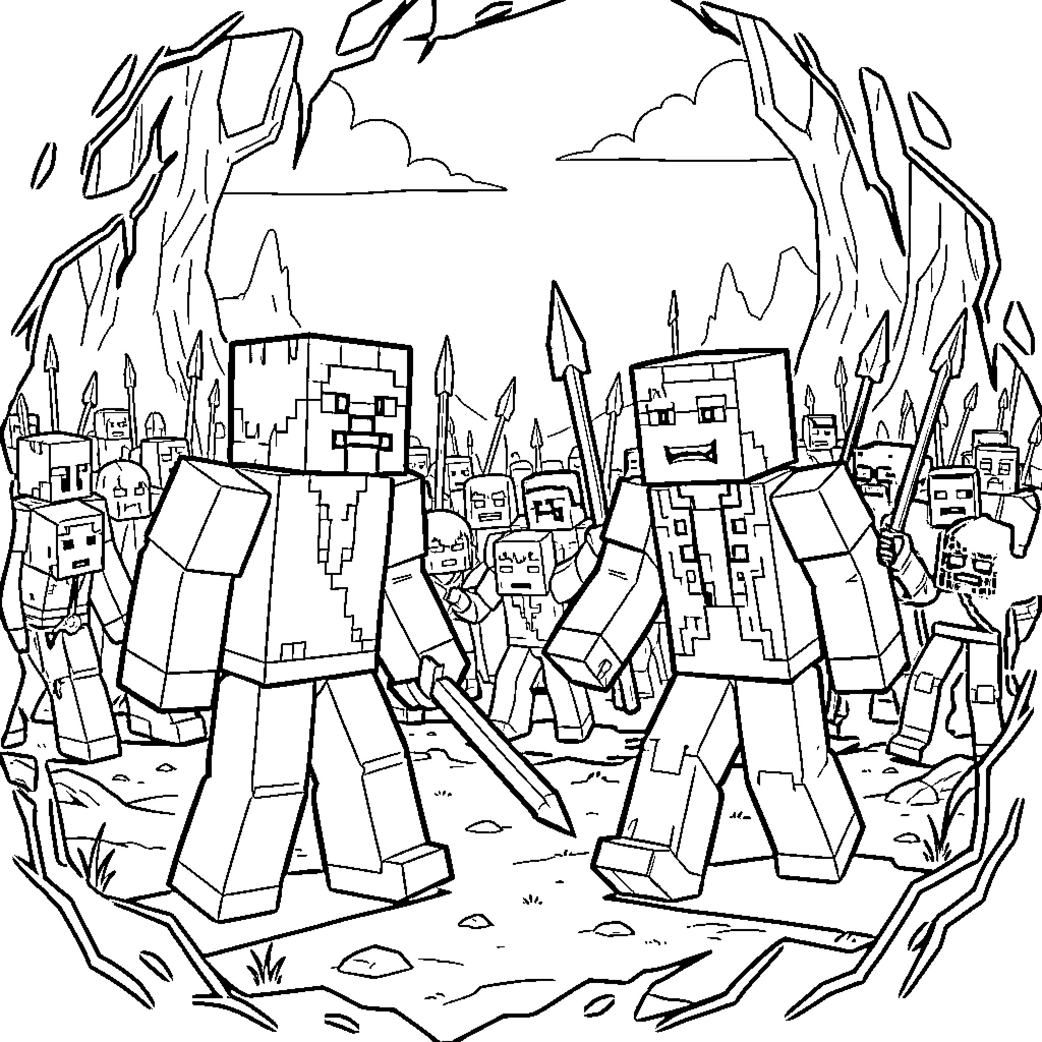 Herobrine's army marching through the realm Coloring Page (free black-and-white line drawing printable PDF for all, from beginners to advanced learners, including children, teens, adults, and seniors)
