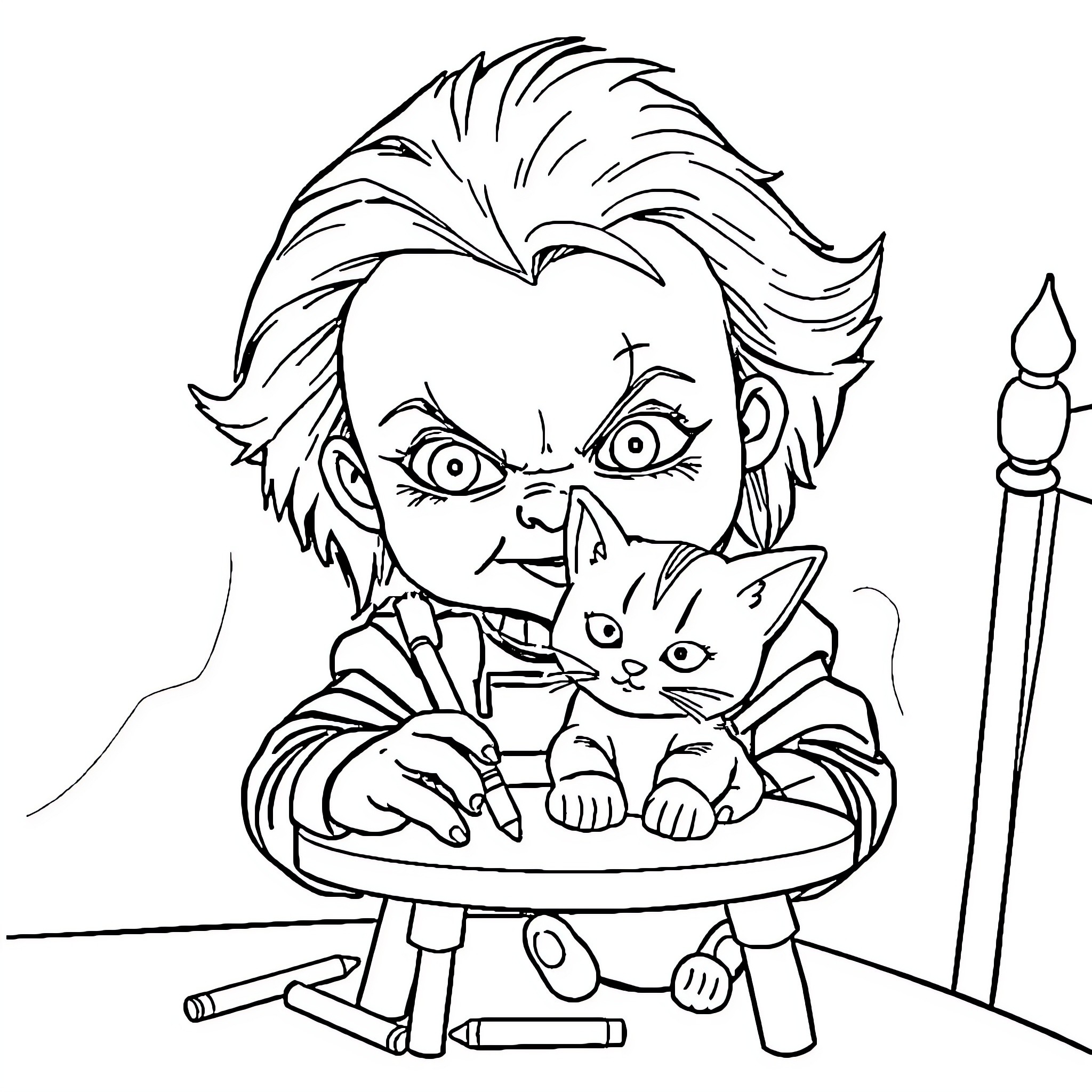 Chucky with a pet cat in a sinister setting Coloring Page (free black-and-white line drawing printable PDF for all, from beginners to advanced learners, including children, teens, adults, and seniors)