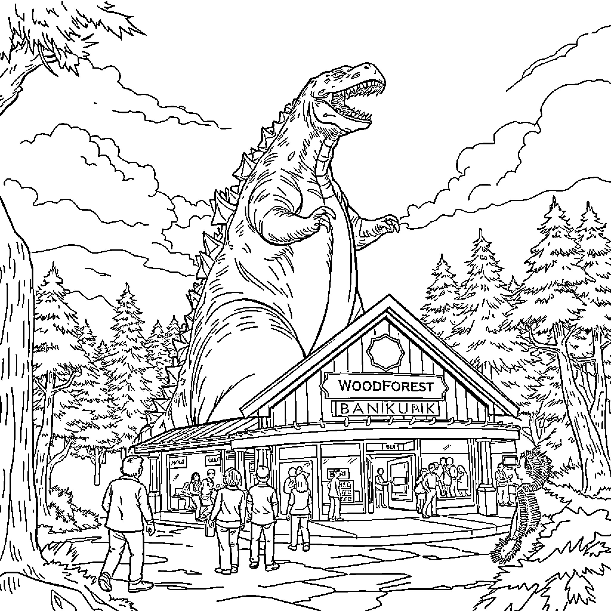 Godzilla stomping through the Woodforest Ranger Station Coloring Page (free black-and-white line drawing printable PDF for all, from beginners to advanced learners, including children, teens, adults, and seniors)