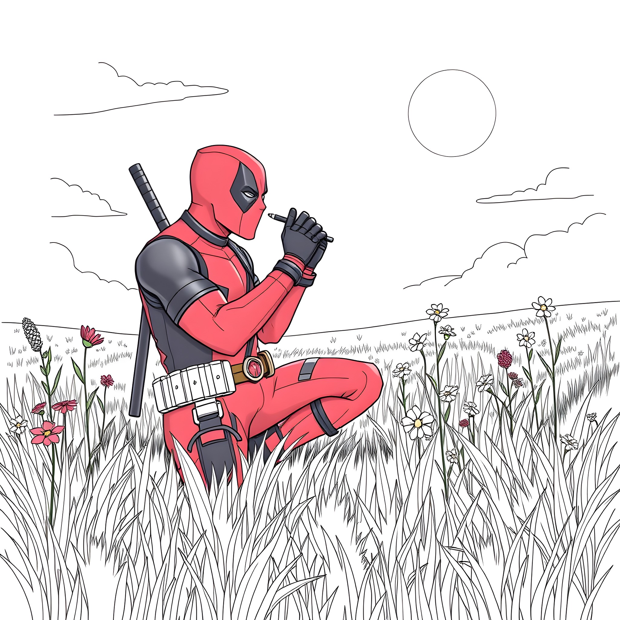 Deadpool in a Peaceful Meadow with Weapons Coloring Page (free black-and-white line drawing printable PDF for all, from beginners to advanced learners, including children, teens, adults, and seniors)