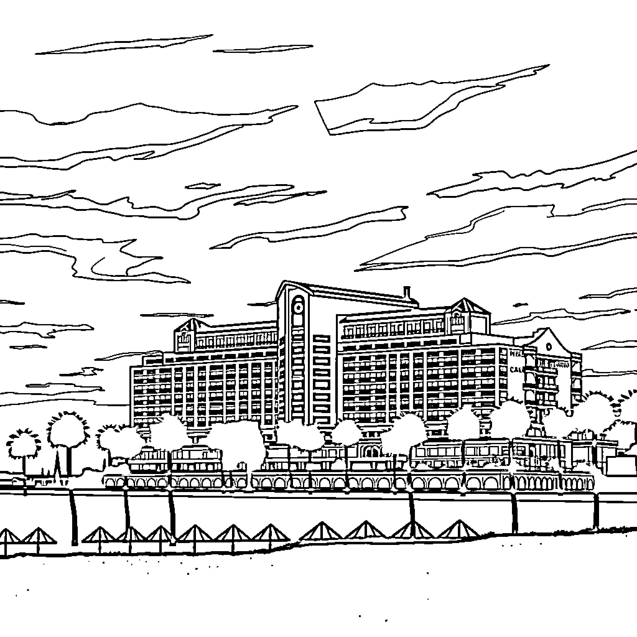 Hotel with cityscape and waterfront view Coloring Page (free black-and-white line drawing printable PDF for all, from beginners to advanced learners, including children, teens, adults, and seniors)