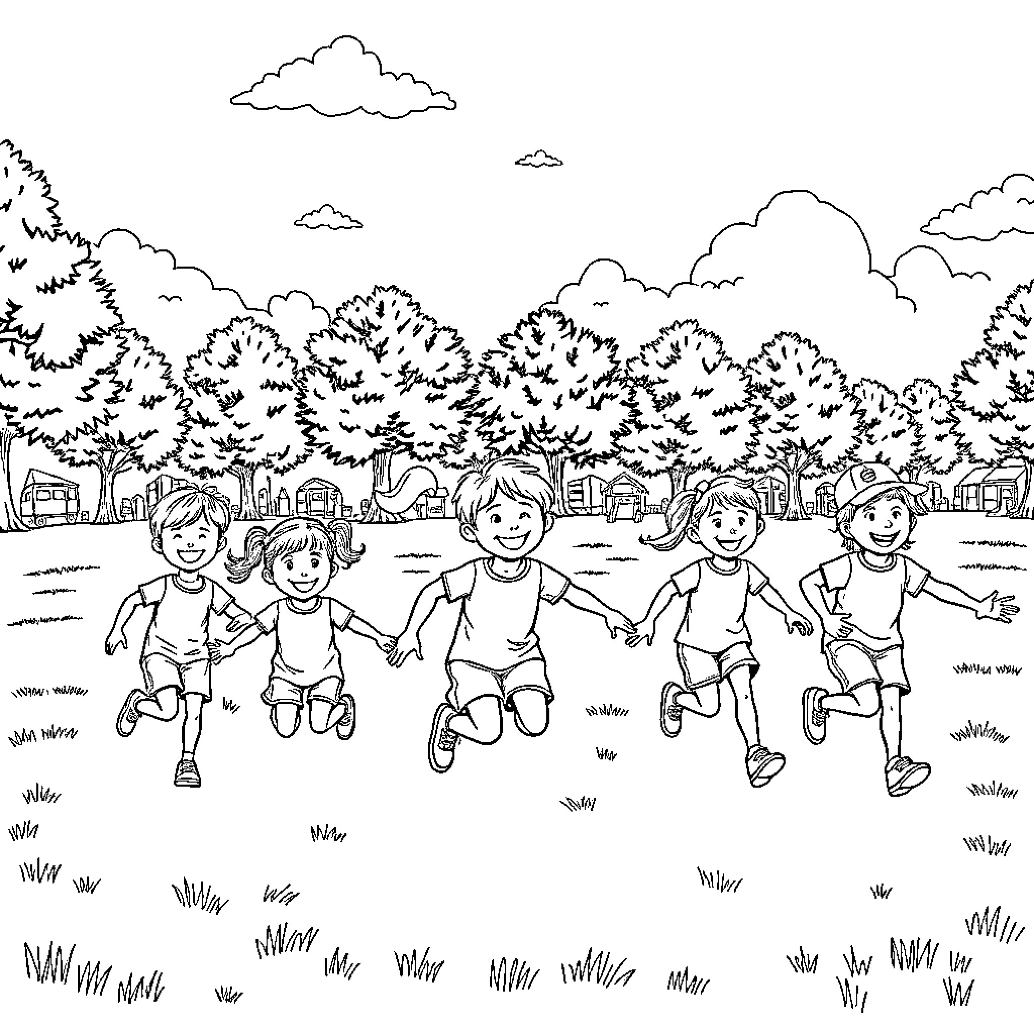 Children happily playing outdoors in nature Coloring Page (free black-and-white line drawing printable PDF for all, from beginners to advanced learners, including children, teens, adults, and seniors)