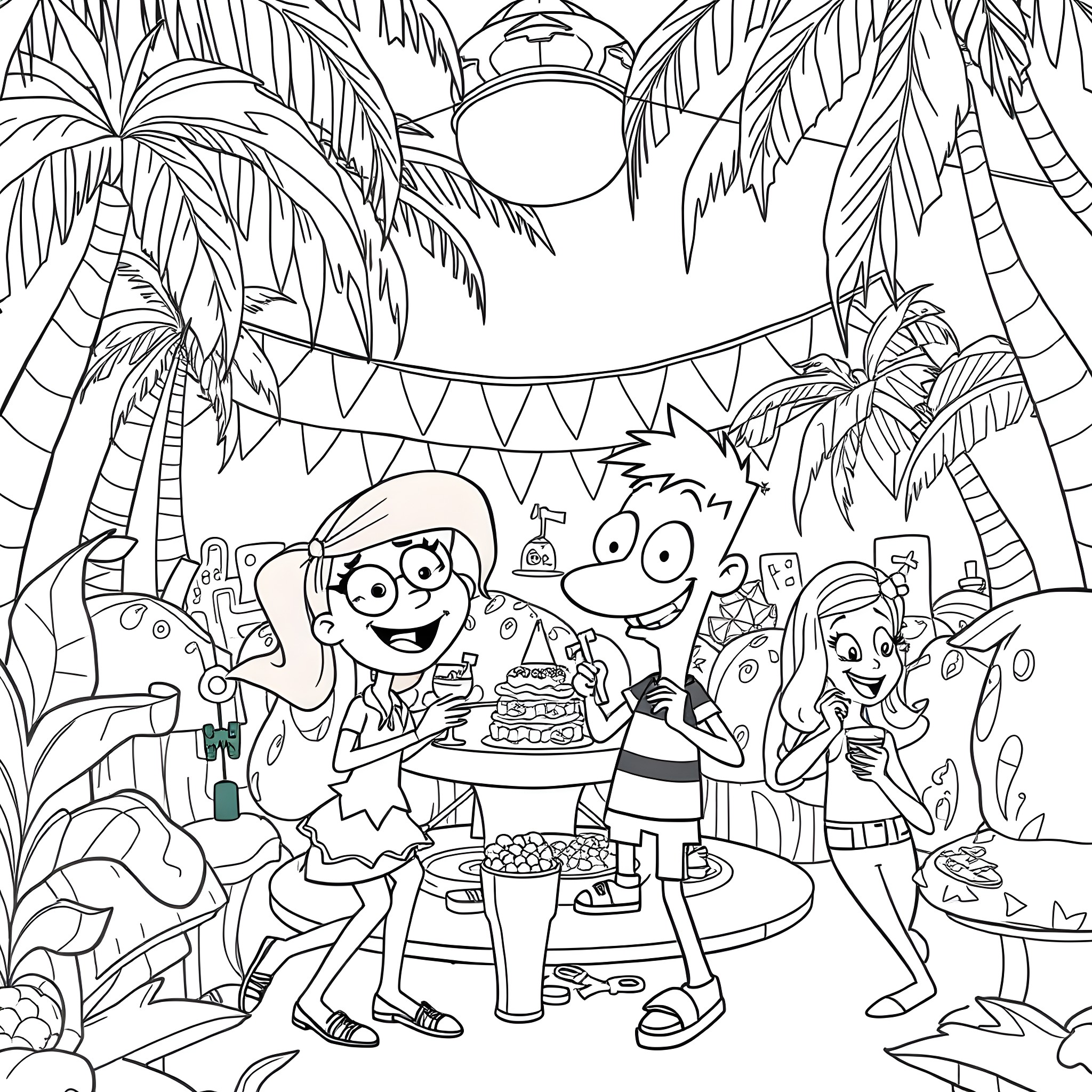 Phineas and Ferb Celebrate a Tropical Birthday Party Coloring Page (free black-and-white line drawing printable PDF for all, from beginners to advanced learners, including children, teens, adults, and seniors)