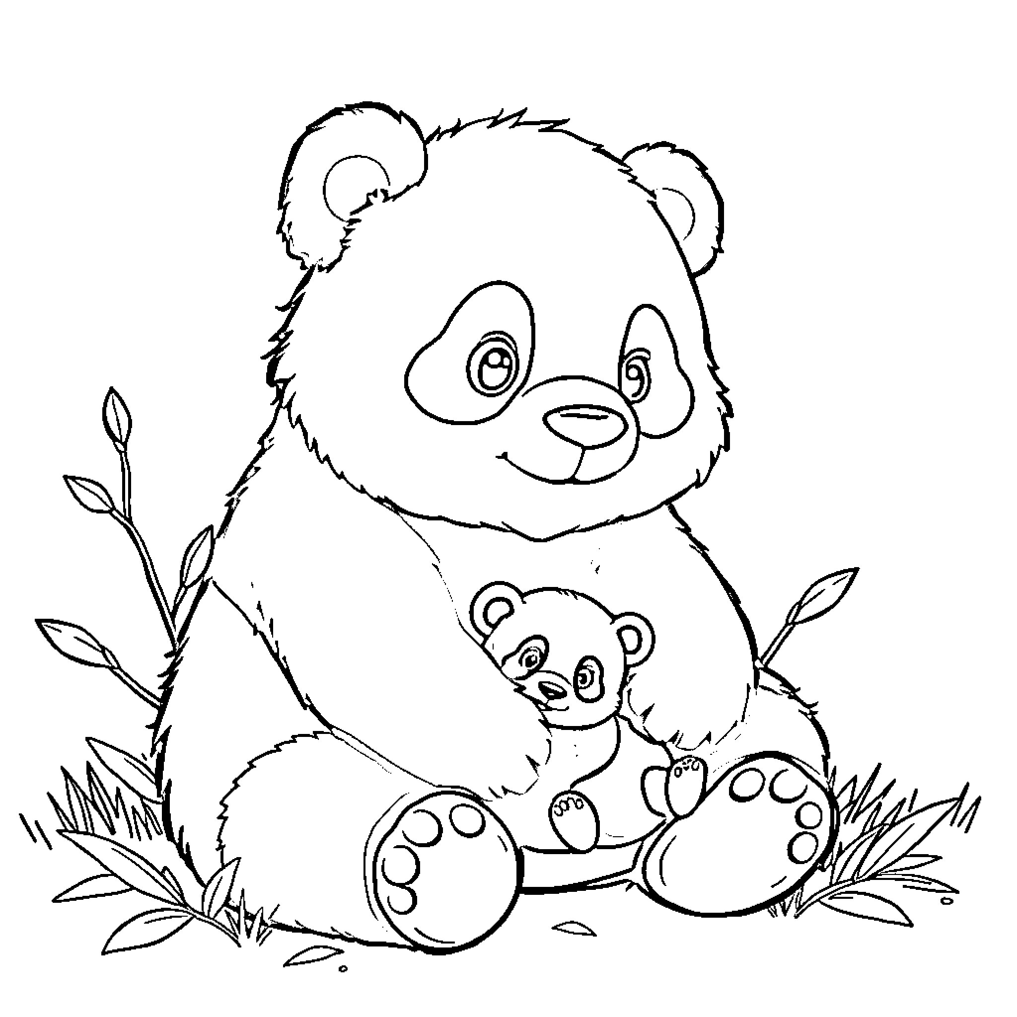 Panda and Baby Panda in Nature Coloring Page (free black-and-white line drawing printable PDF for all, from beginners to advanced learners, including children, teens, adults, and seniors)
