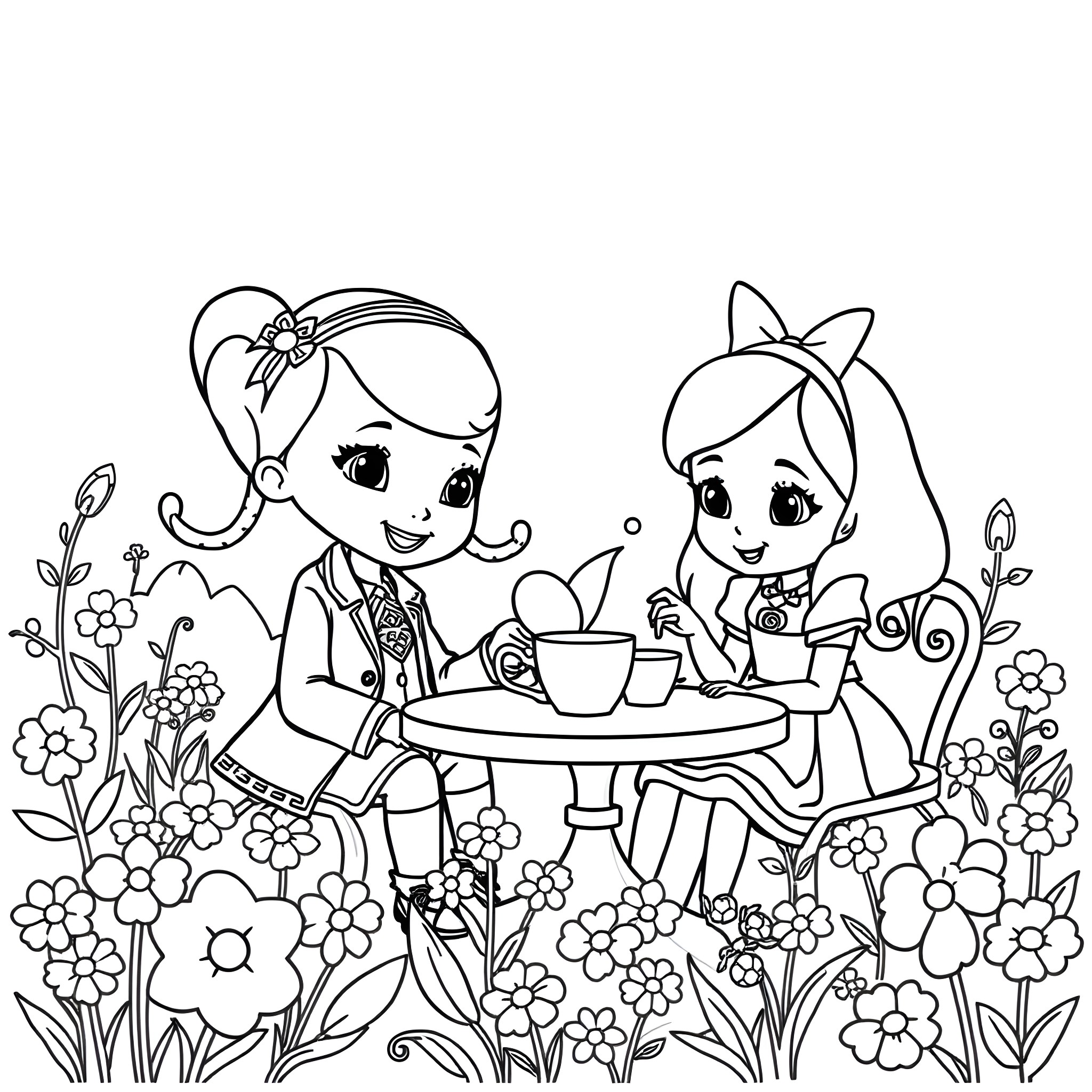 Doc McStuffins having a tea party with a friend in a floral garden Coloring Page (free black-and-white line drawing printable PDF for all, from beginners to advanced learners, including children, teens, adults, and seniors)