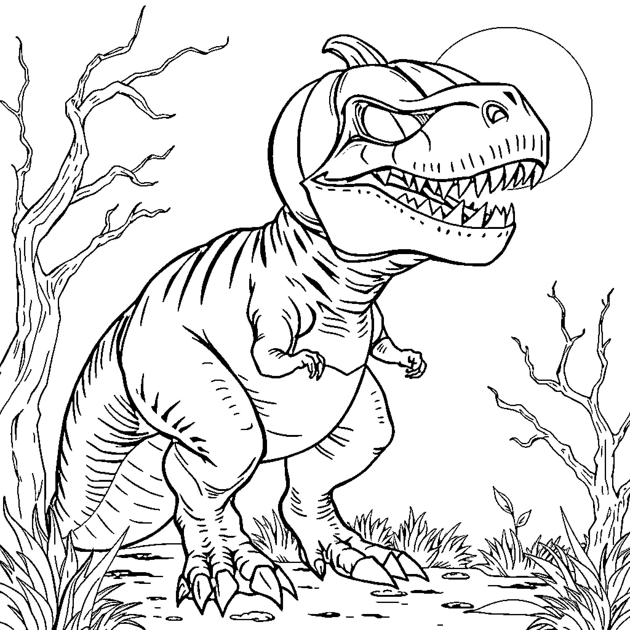 T-Rex Dinosaur Roaring in Prehistoric Landscape Coloring Page (free black-and-white line drawing printable PDF for all, from beginners to advanced learners, including children, teens, adults, and seniors)