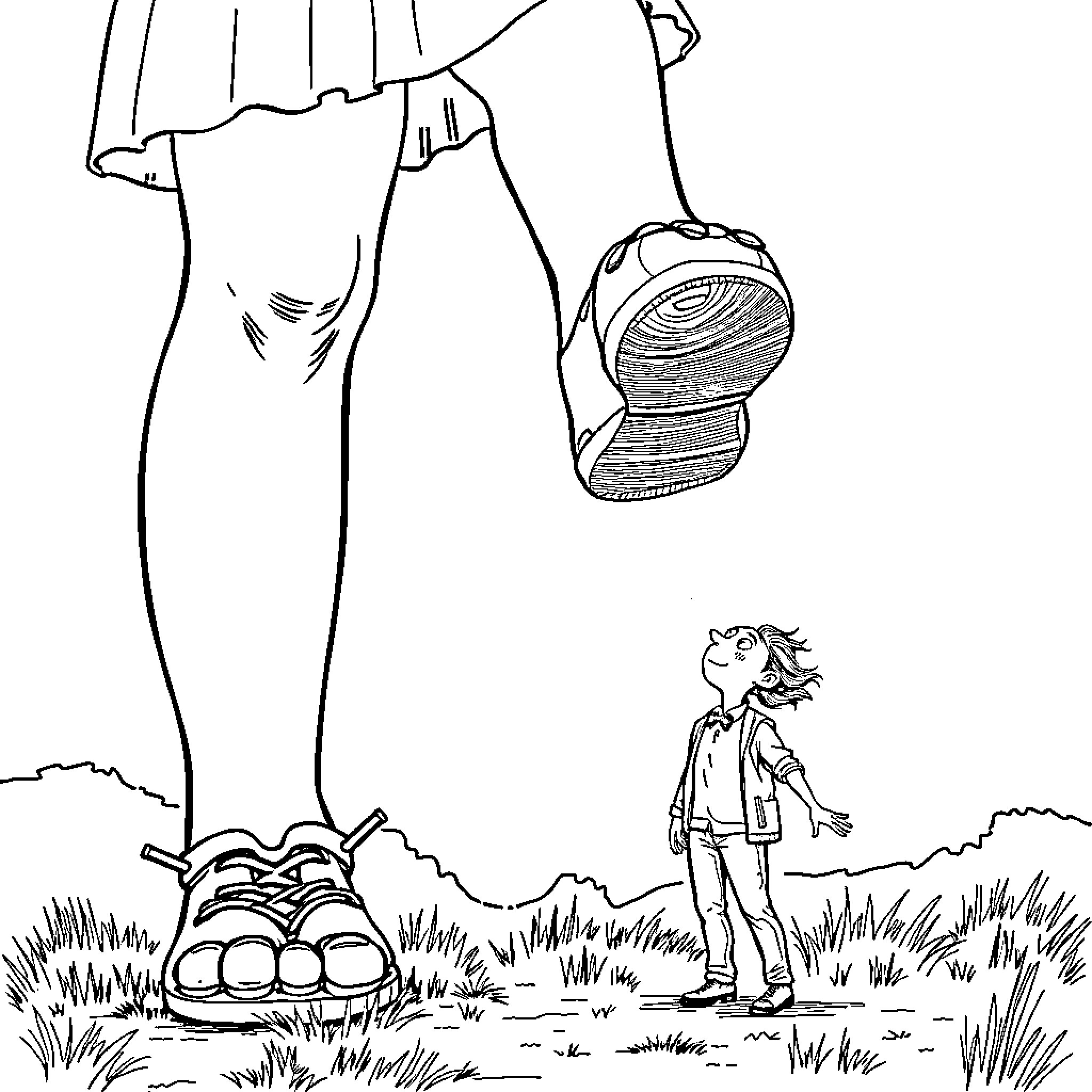 Woman standing with large shoes in grassy field Coloring Page (free black-and-white line drawing printable PDF for all, from beginners to advanced learners, including children, teens, adults, and seniors)
