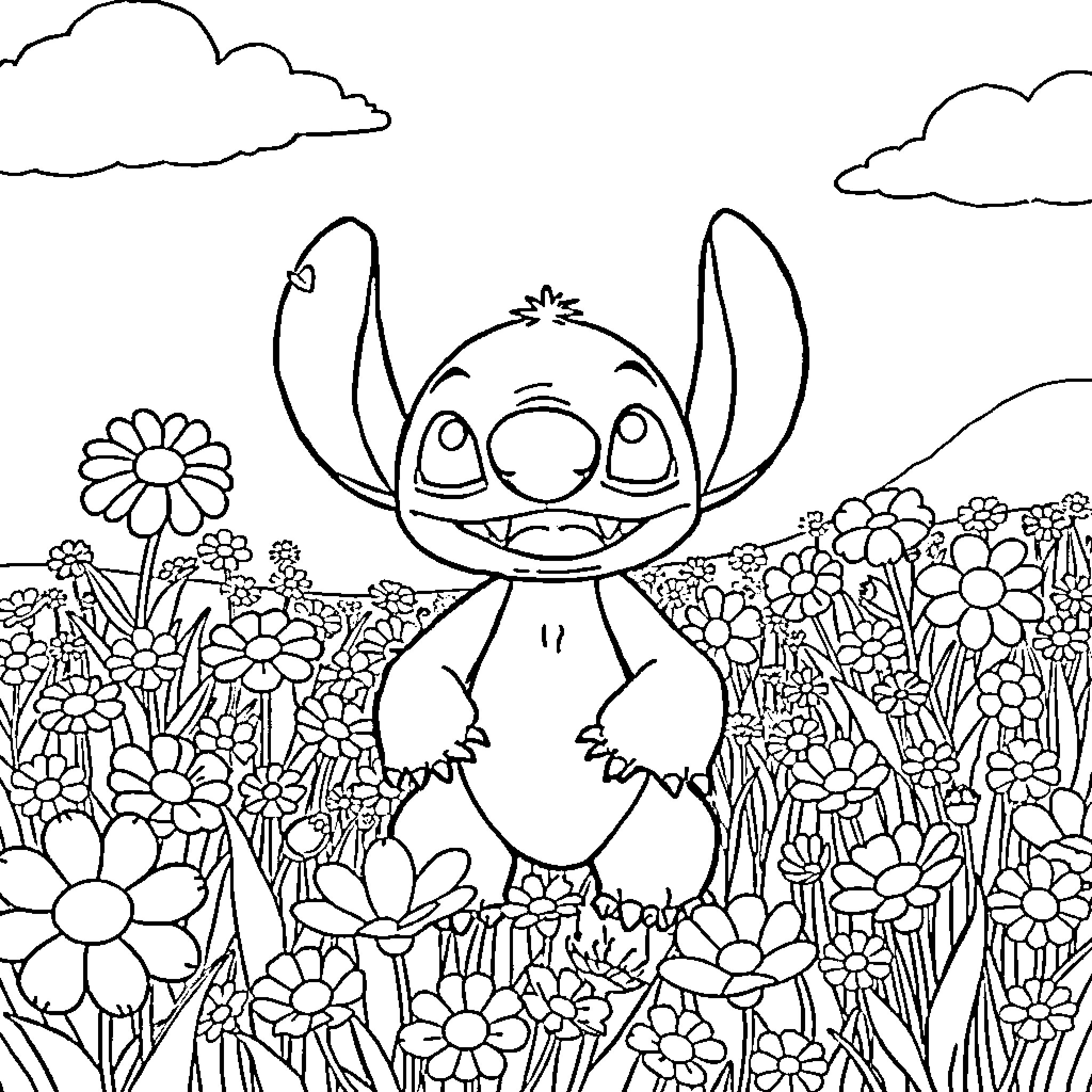 Stitch surrounded by flowers and nature Coloring Page (free black-and-white line drawing printable PDF for all, from beginners to advanced learners, including children, teens, adults, and seniors)
