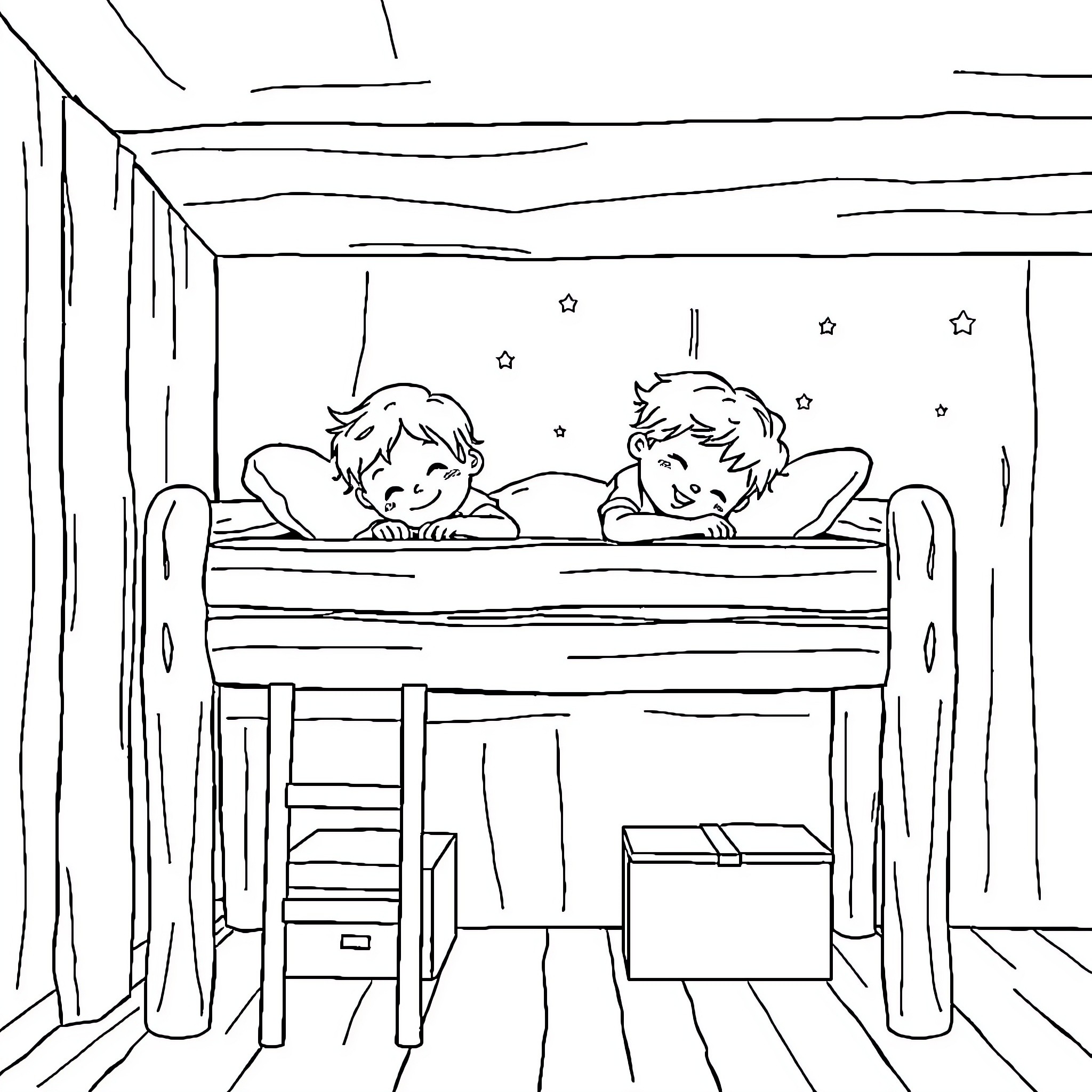 Child siblings sharing a bunk bed Coloring Page (free black-and-white line drawing printable PDF for all, from beginners to advanced learners, including children, teens, adults, and seniors)