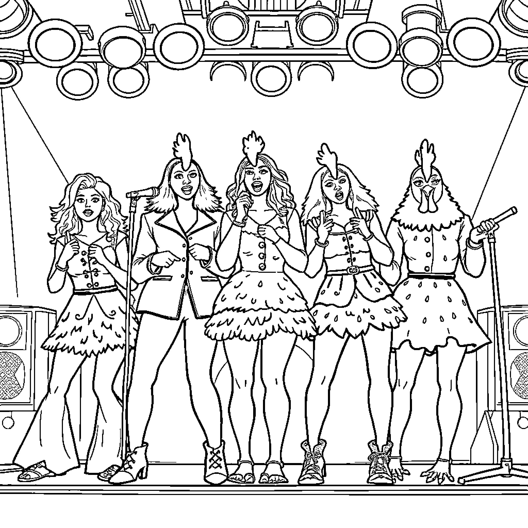 Chicken characters in colorful costumes on stage Coloring Page (free black-and-white line drawing printable PDF for all, from beginners to advanced learners, including children, teens, adults, and seniors)