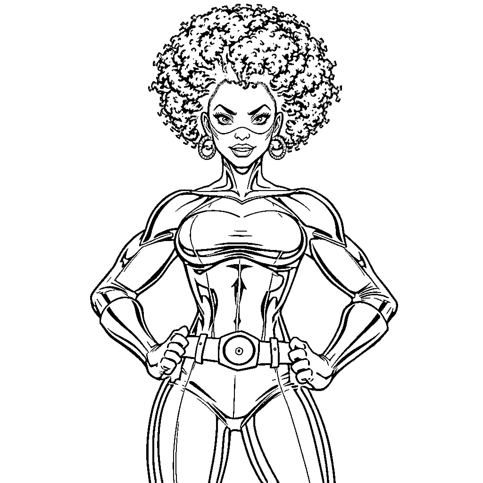 Superhero with powerful stance and curly hair Coloring Page (free black-and-white line drawing printable PDF for all, from beginners to advanced learners, including children, teens, adults, and seniors)