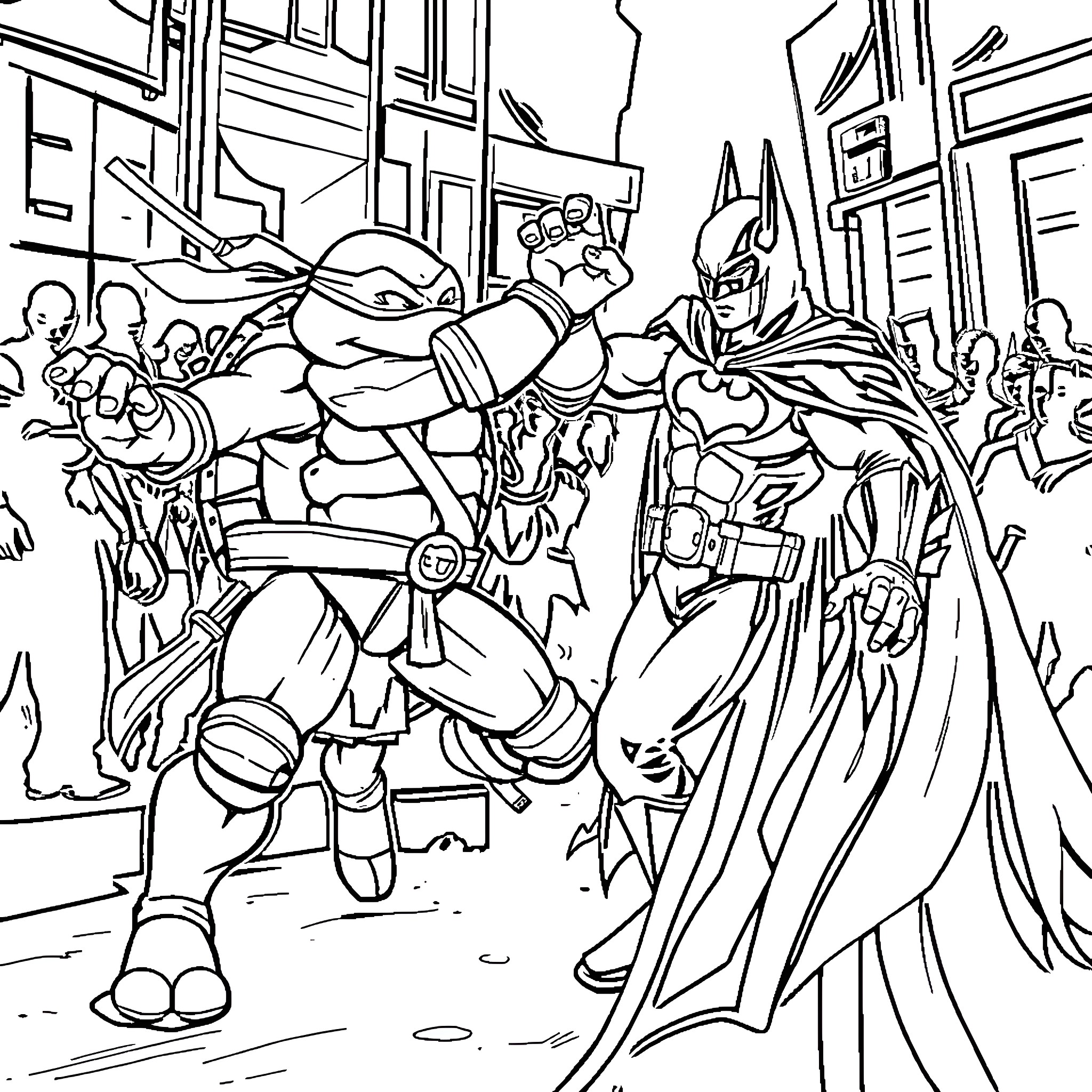 Teenage Mutant Ninja Turtle heroes fighting in the city Coloring Page (free black-and-white line drawing printable PDF for all, from beginners to advanced learners, including children, teens, adults, and seniors)