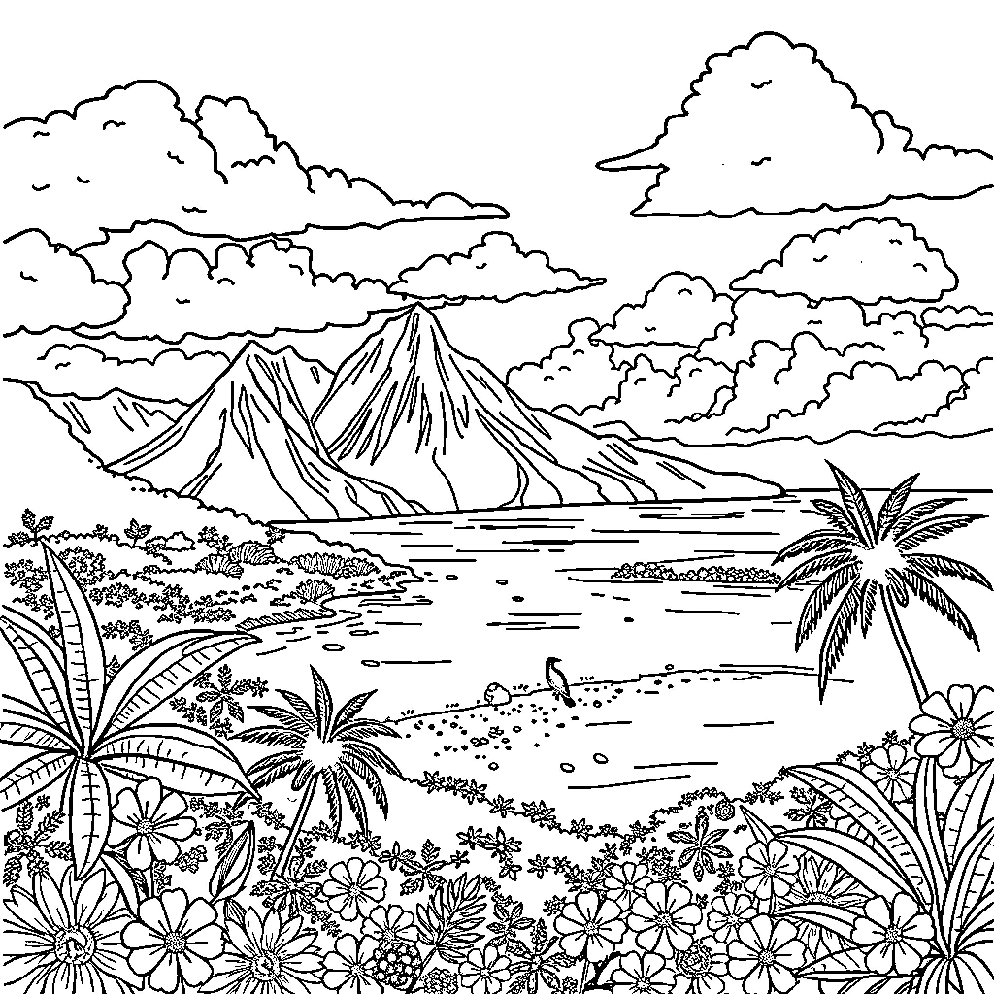 Mauritius tropical landscape with mountain and palm trees Coloring Page (free black-and-white line drawing printable PDF for all, from beginners to advanced learners, including children, teens, adults, and seniors)
