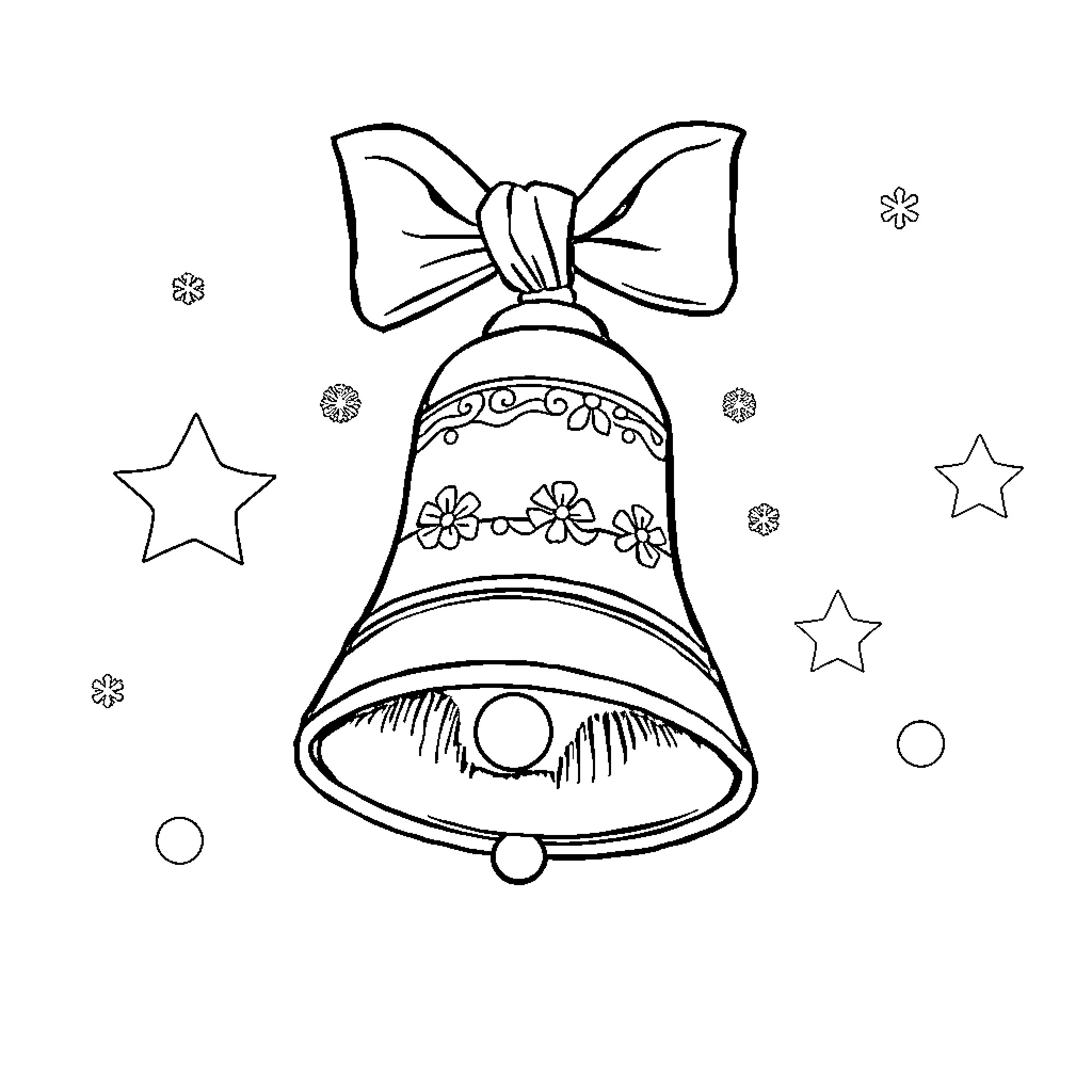 Navidad bell with festive bow and stars Coloring Page (free black-and-white line drawing printable PDF for all, from beginners to advanced learners, including children, teens, adults, and seniors)
