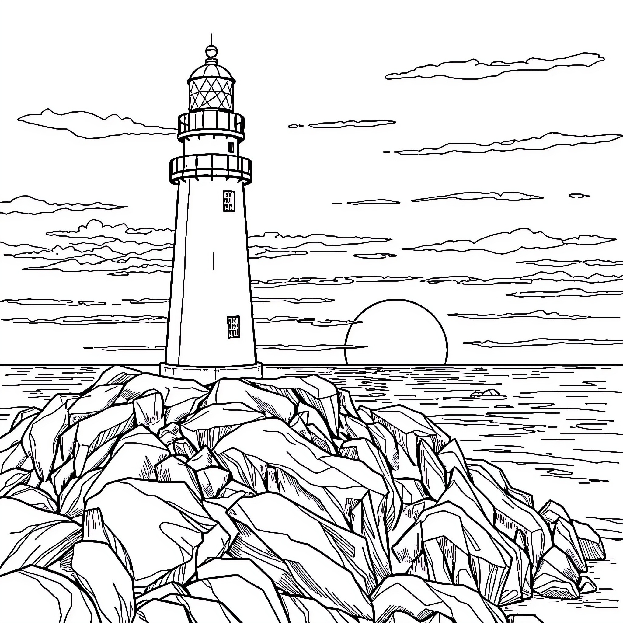 Lighthouse atop a rocky coastline at sunset Coloring Page (free black-and-white line drawing printable PDF for all, from beginners to advanced learners, including children, teens, adults, and seniors)