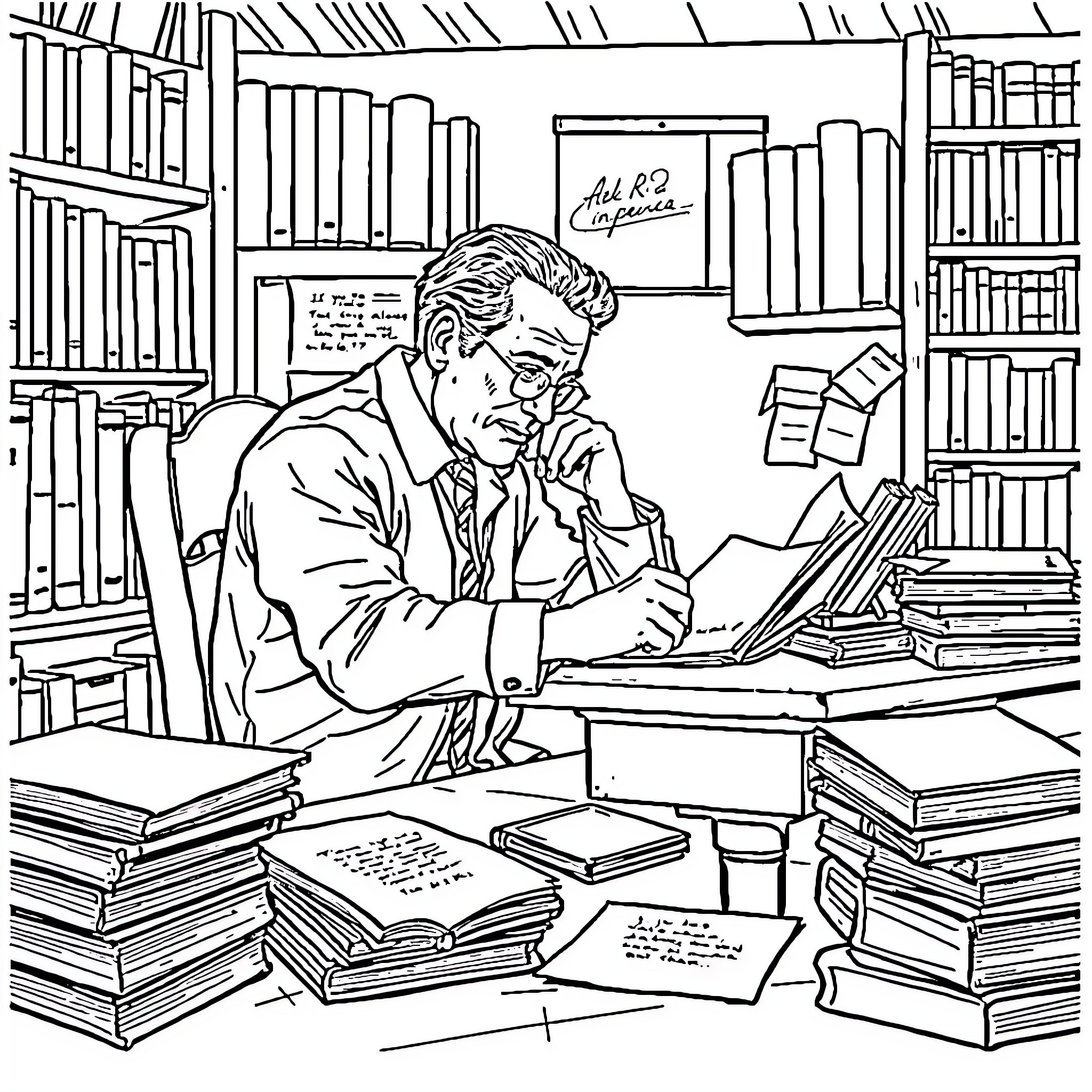 Ricardo Palma studying intently in his library Coloring Page (free black-and-white line drawing printable PDF for all, from beginners to advanced learners, including children, teens, adults, and seniors)