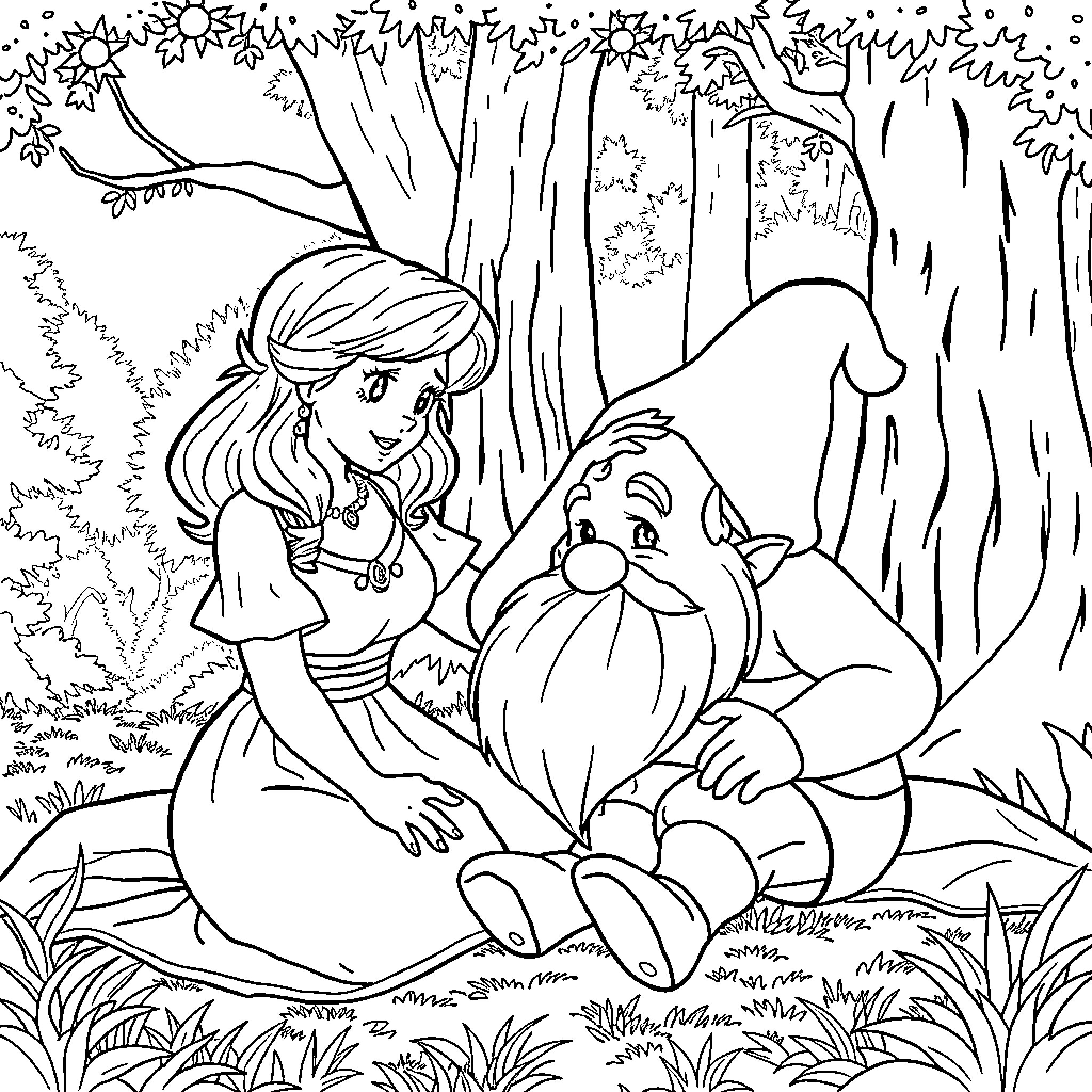 Snow White resting with Grumpy Dwarf in the forest Coloring Page (free black-and-white line drawing printable PDF for all, from beginners to advanced learners, including children, teens, adults, and seniors)