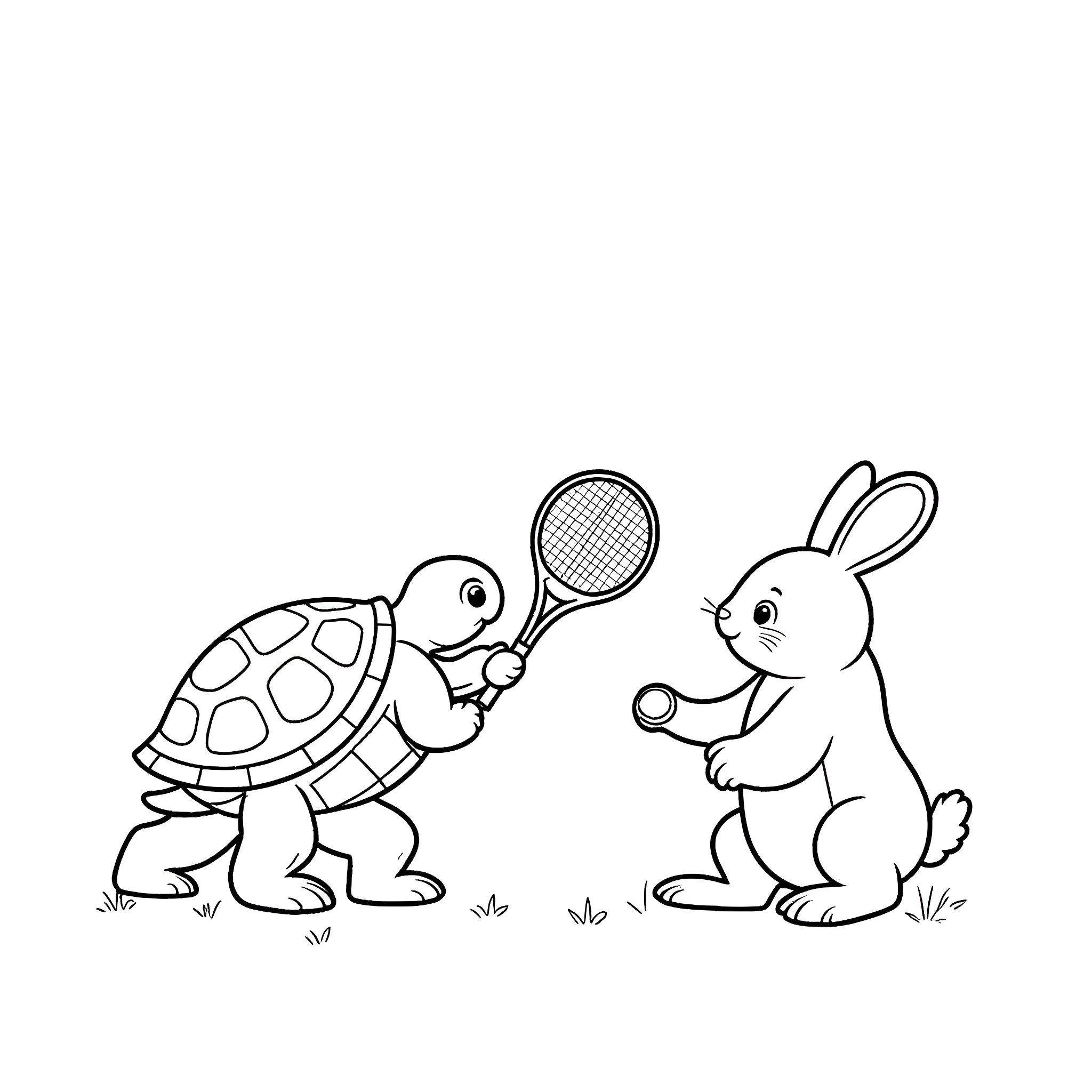 Turtle and rabbit playing tennis together Coloring Page (free black-and-white line drawing printable PDF for all, from beginners to advanced learners, including children, teens, adults, and seniors)