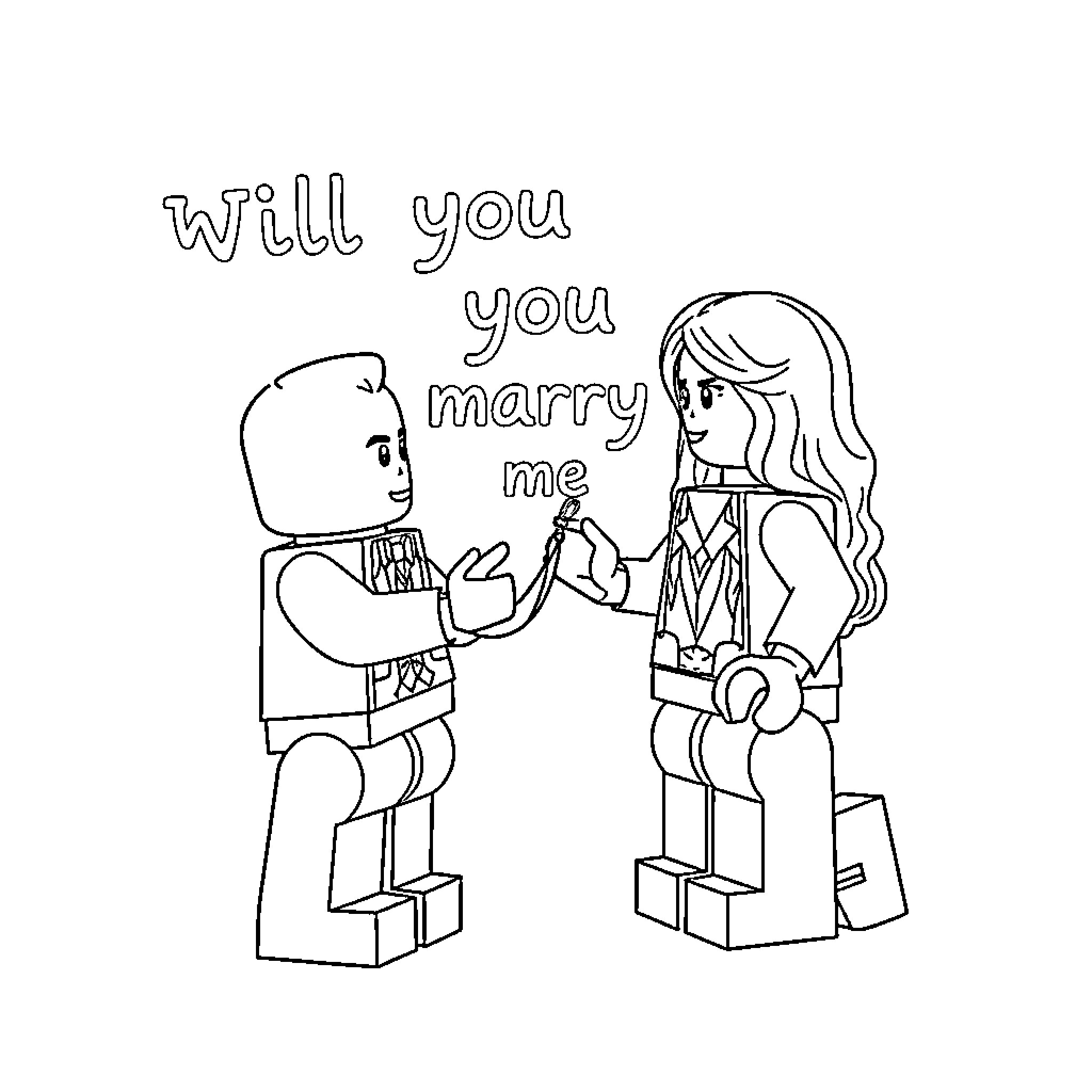 LEGO Figure proposing to his partner Coloring Page (free black-and-white line drawing printable PDF for all, from beginners to advanced learners, including children, teens, adults, and seniors)