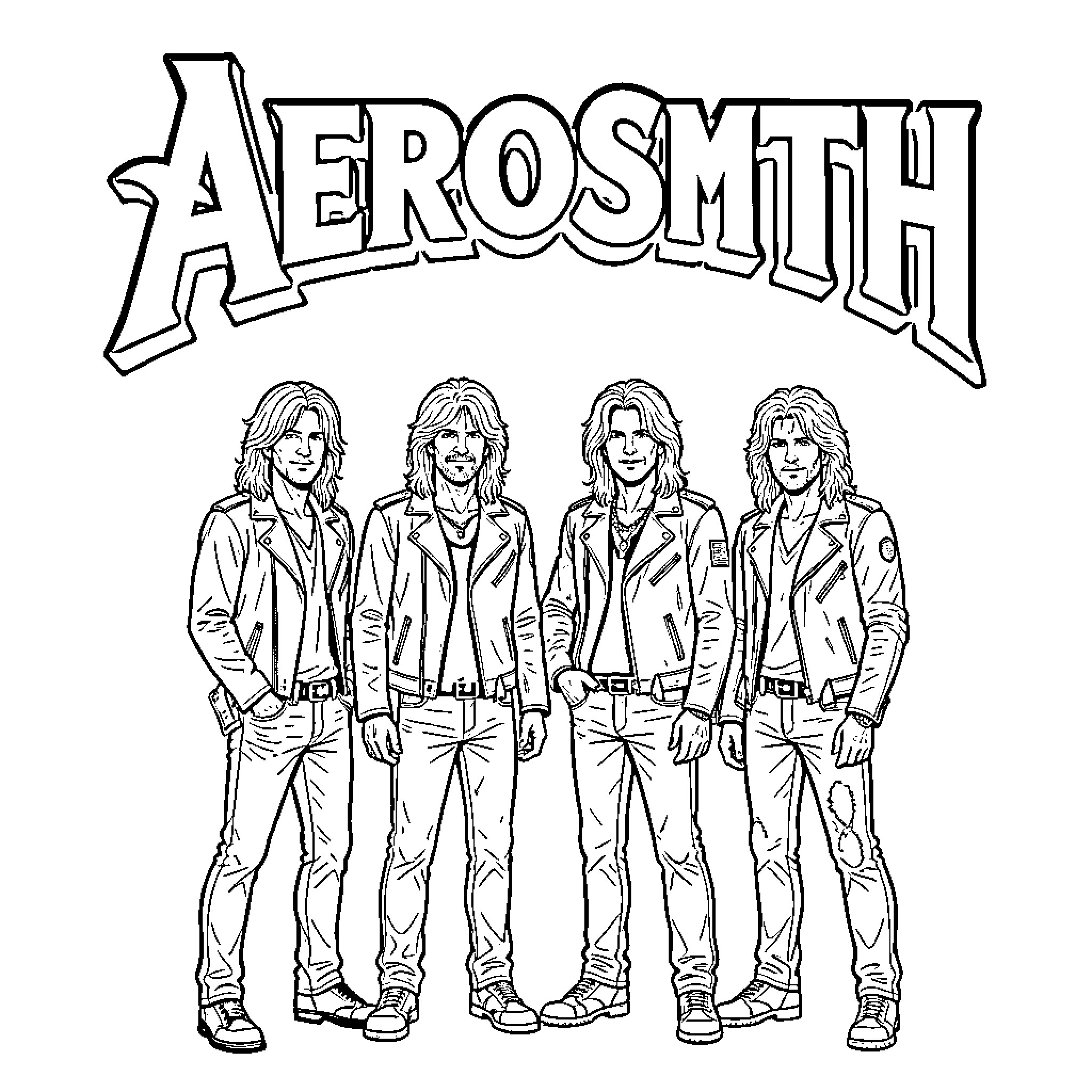 Aerosmith band members posing together in stylish outfits Coloring Page (free black-and-white line drawing printable PDF for all, from beginners to advanced learners, including children, teens, adults, and seniors)