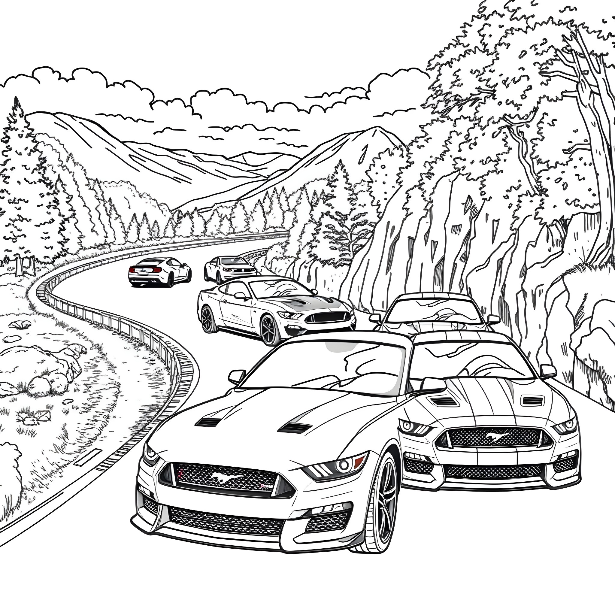 Mustang cars racing through scenic mountain road Coloring Page (free black-and-white line drawing printable PDF for all, from beginners to advanced learners, including children, teens, adults, and seniors)