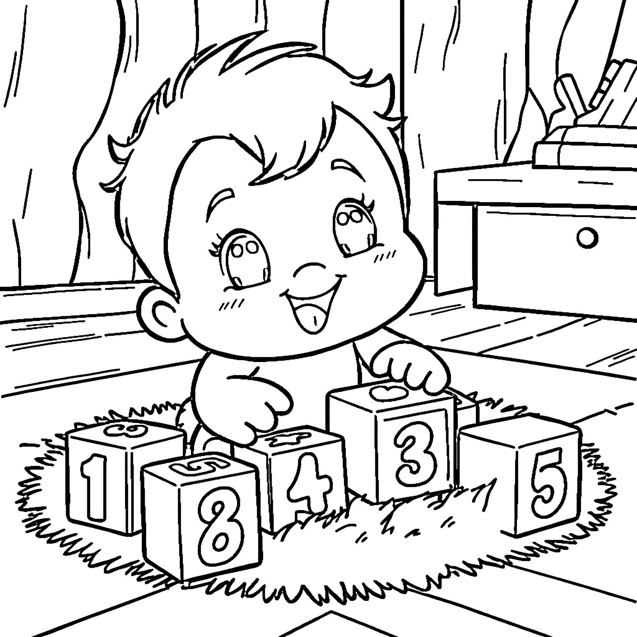 Popoyo playing with numbered blocks in the room Coloring Page (free black-and-white line drawing printable PDF for all, from beginners to advanced learners, including children, teens, adults, and seniors)