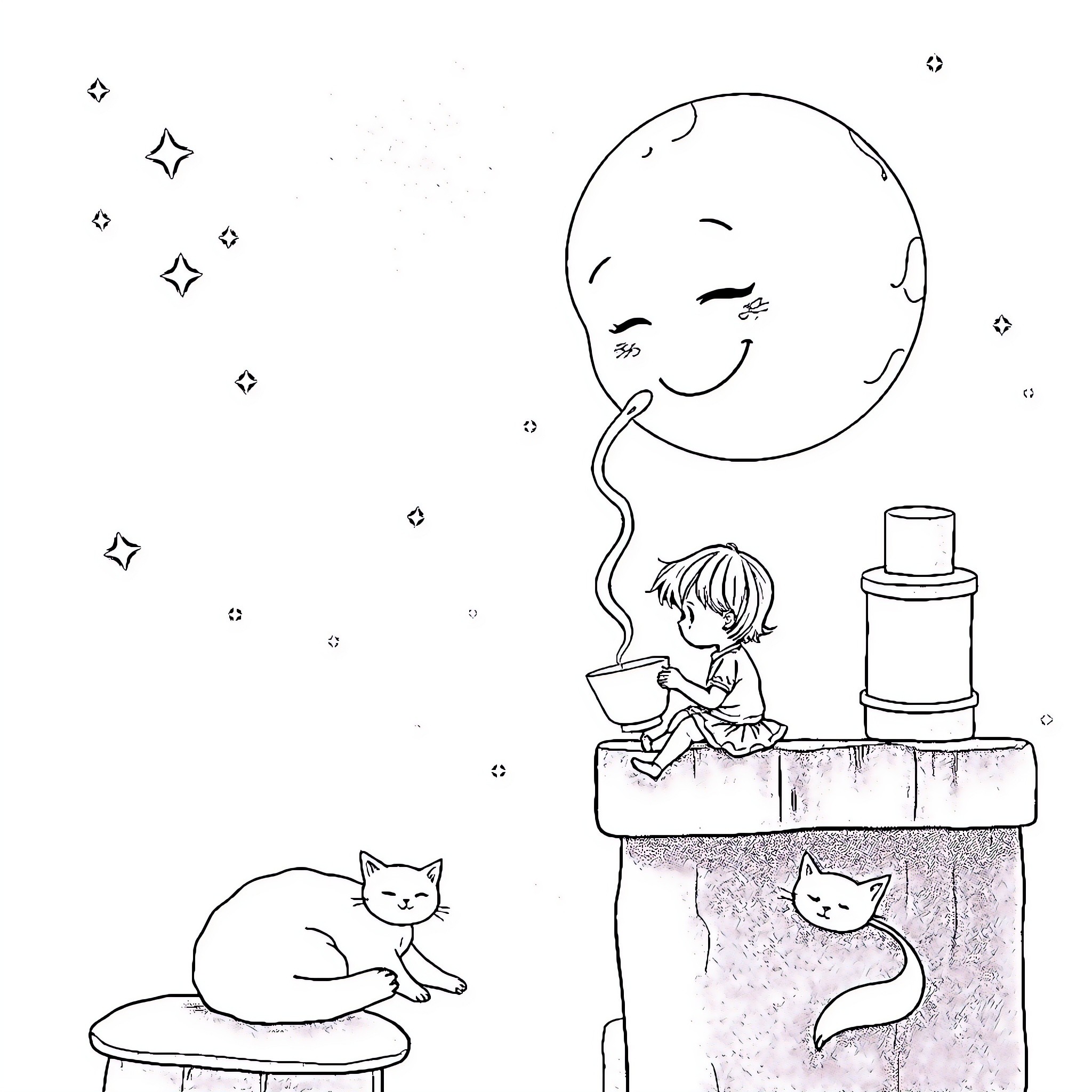 Moon watching over child and cats in the night Coloring Page (free black-and-white line drawing printable PDF for all, from beginners to advanced learners, including children, teens, adults, and seniors)