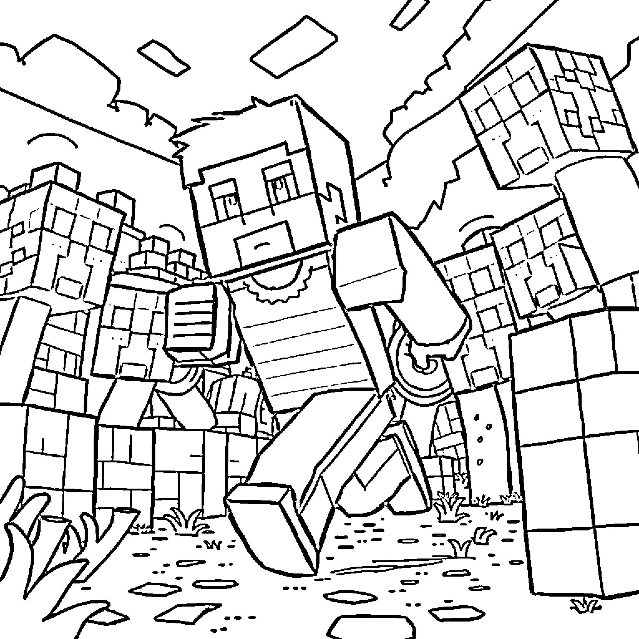 Steve explores the blocky buildings in the city Coloring Page (free black-and-white line drawing printable PDF for all, from beginners to advanced learners, including children, teens, adults, and seniors)
