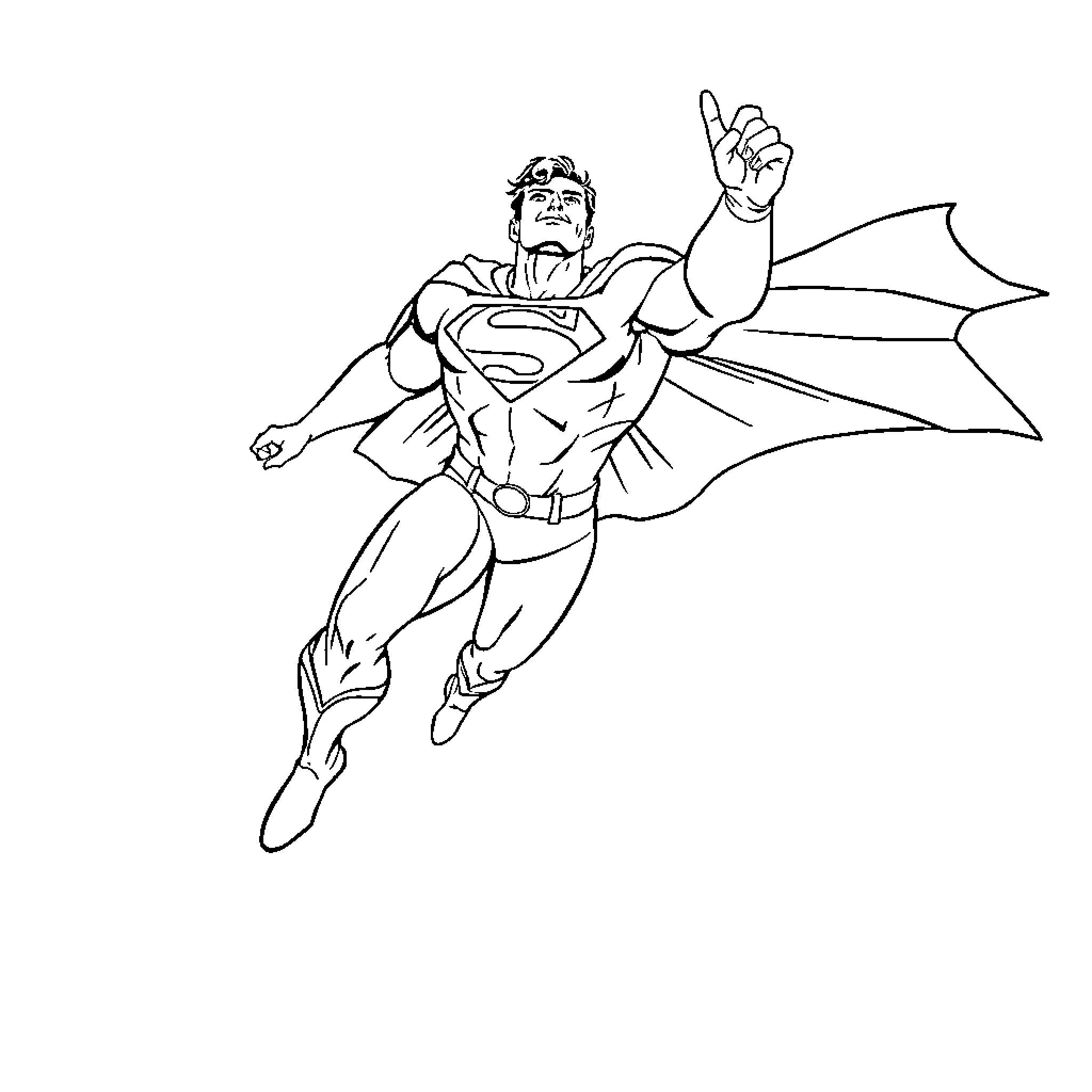 Superman soaring with heroic gesture Coloring Page (free black-and-white line drawing printable PDF for all, from beginners to advanced learners, including children, teens, adults, and seniors)