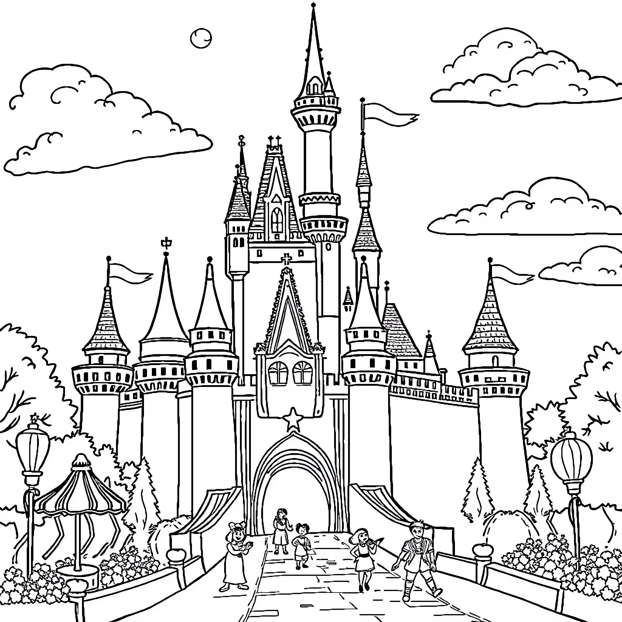 Disney Enchanted Castle with Lively Scenes Coloring Page (free black-and-white line drawing printable PDF for all, from beginners to advanced learners, including children, teens, adults, and seniors)