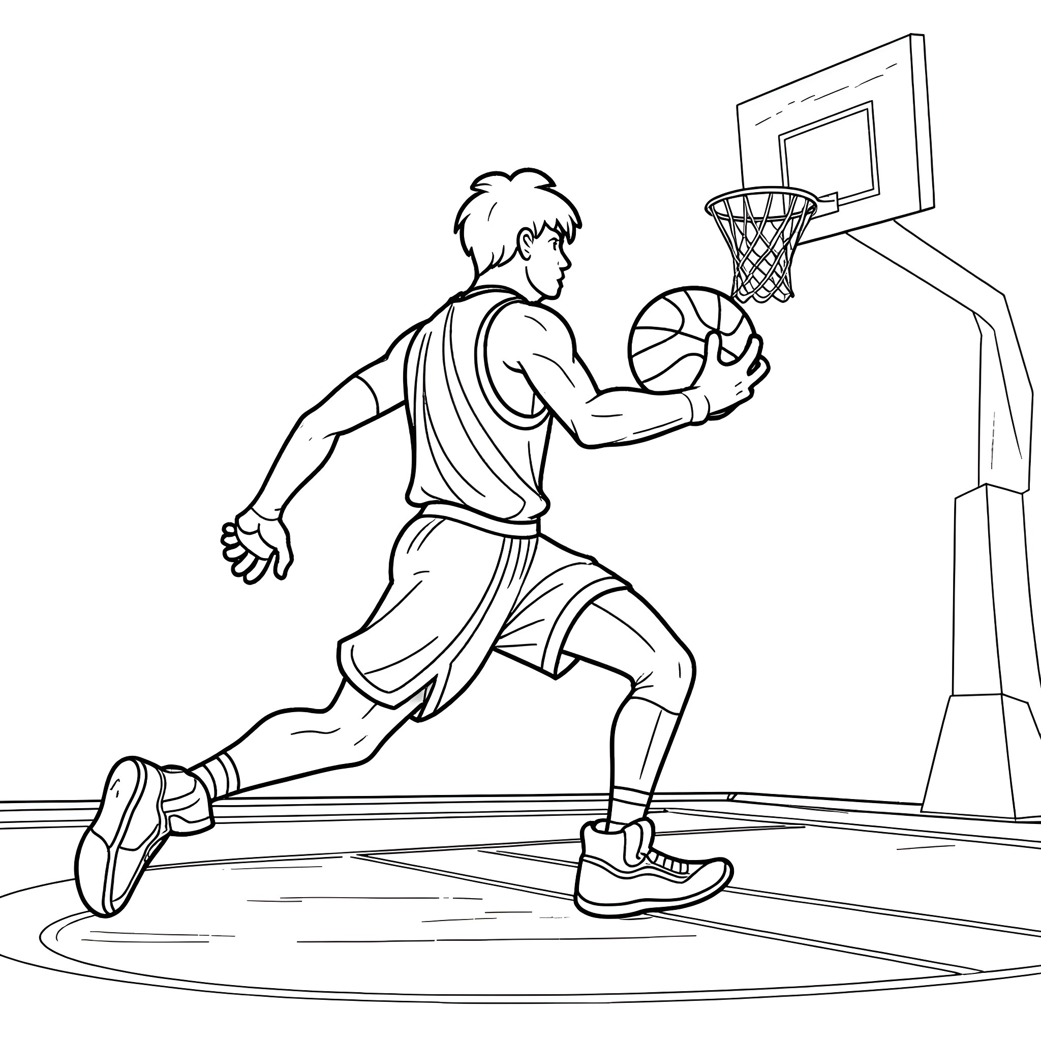 Fortnite player shooting basketball in the court Coloring Page (free black-and-white line drawing printable PDF for all, from beginners to advanced learners, including children, teens, adults, and seniors)