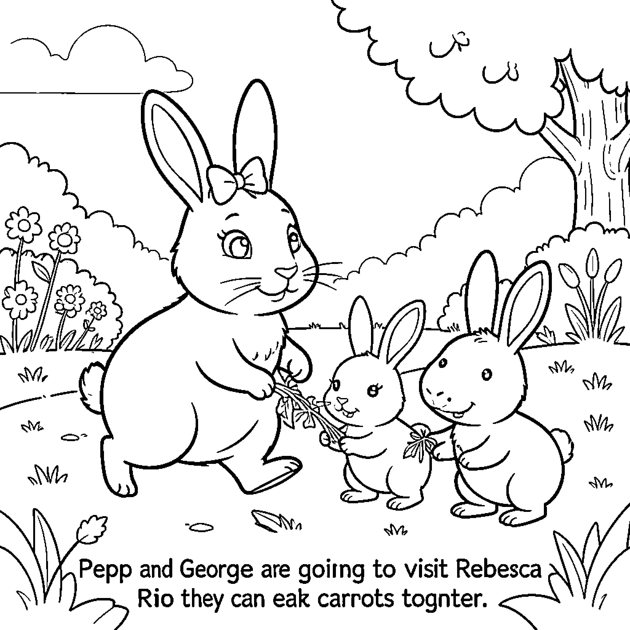 Rabbit family sharing carrots in a garden scene Coloring Page (free black-and-white line drawing printable PDF for all, from beginners to advanced learners, including children, teens, adults, and seniors)