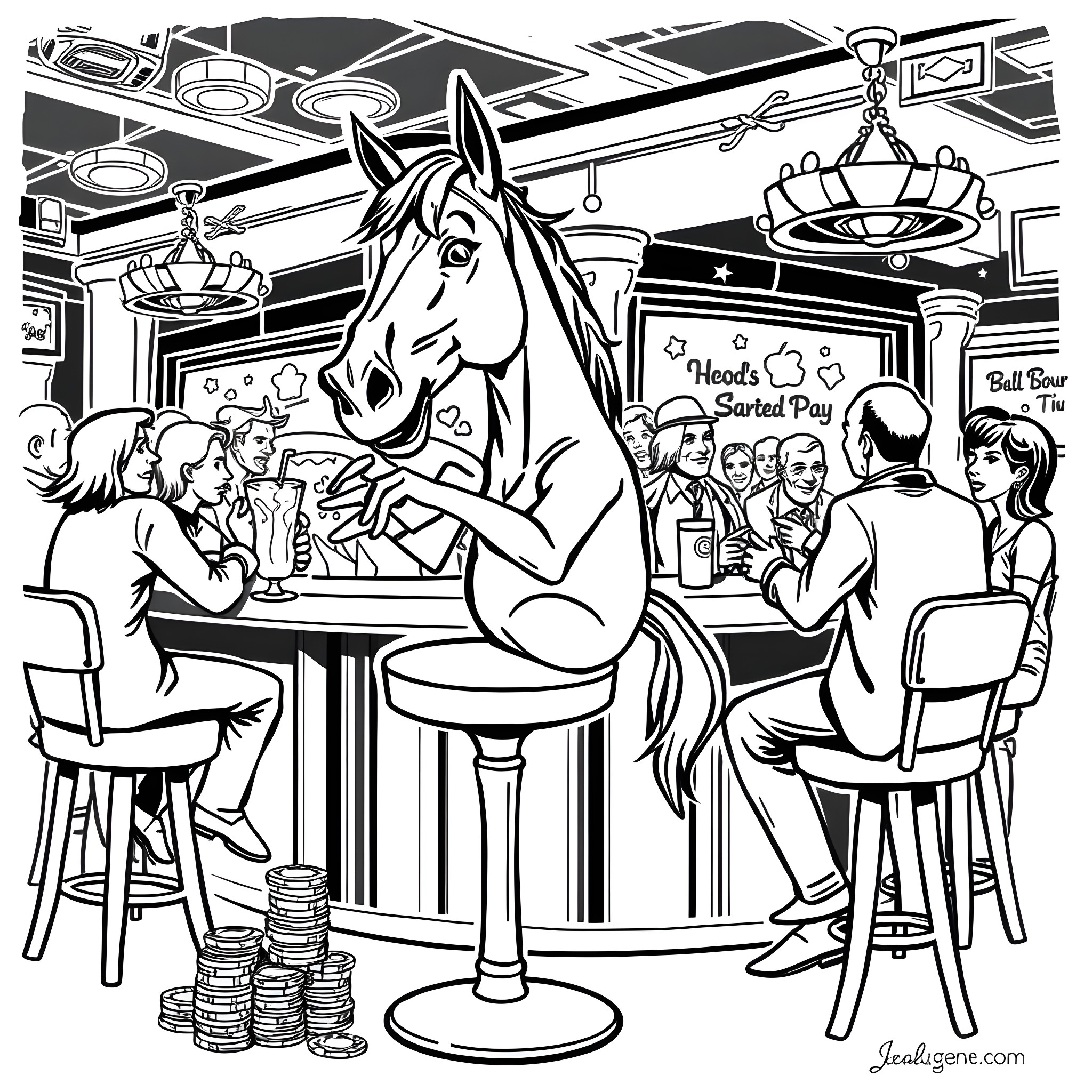 Racehorse enjoying drinks with patrons at a bar Coloring Page (free black-and-white line drawing printable PDF for all, from beginners to advanced learners, including children, teens, adults, and seniors)