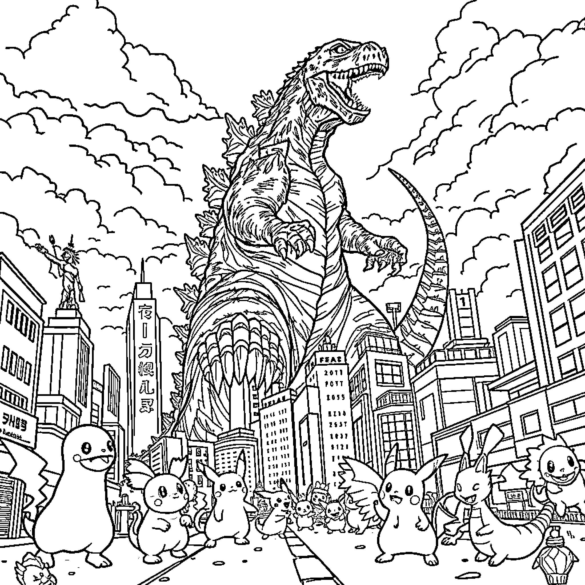 Godzilla Rampages Through the City as Pokémon Flee Coloring Page (free black-and-white line drawing printable PDF for all, from beginners to advanced learners, including children, teens, adults, and seniors)