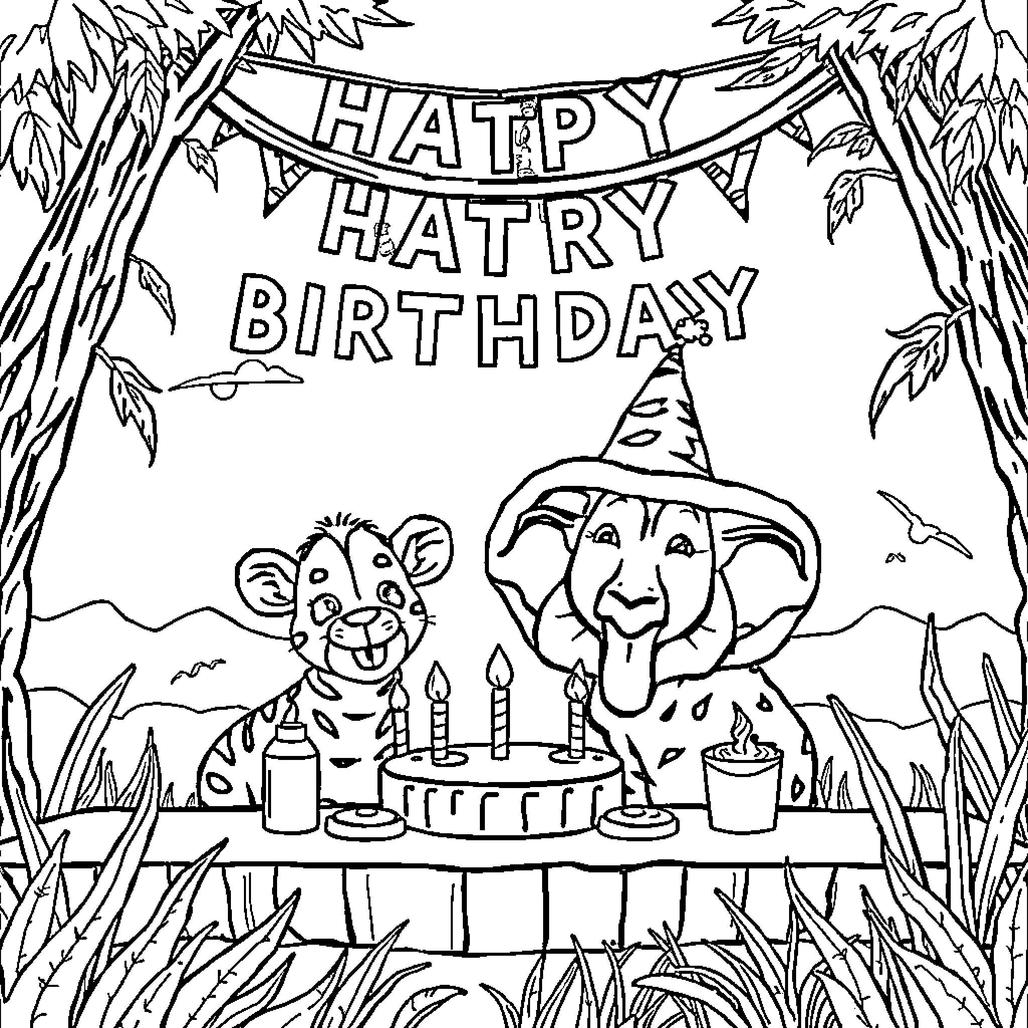 Safari-themed birthday celebration with animals Coloring Page (free black-and-white line drawing printable PDF for all, from beginners to advanced learners, including children, teens, adults, and seniors)