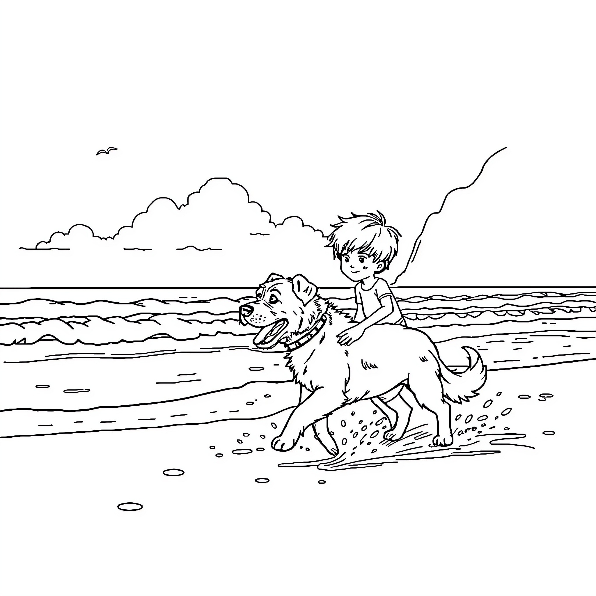 Dog and boy playing happily on the beach Coloring Page (free black-and-white line drawing printable PDF for all, from beginners to advanced learners, including children, teens, adults, and seniors)
