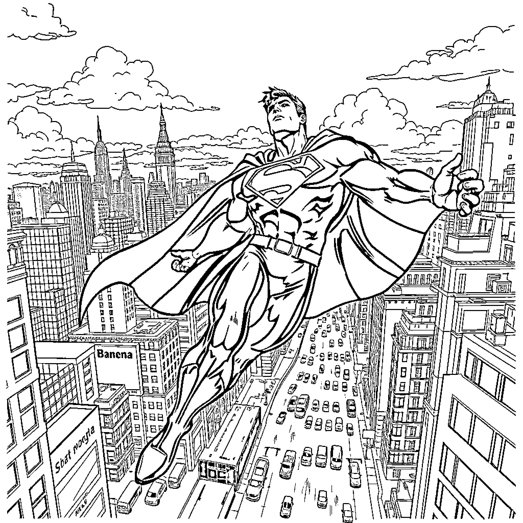 Superman soaring over the cityscape Coloring Page (free black-and-white line drawing printable PDF for all, from beginners to advanced learners, including children, teens, adults, and seniors)