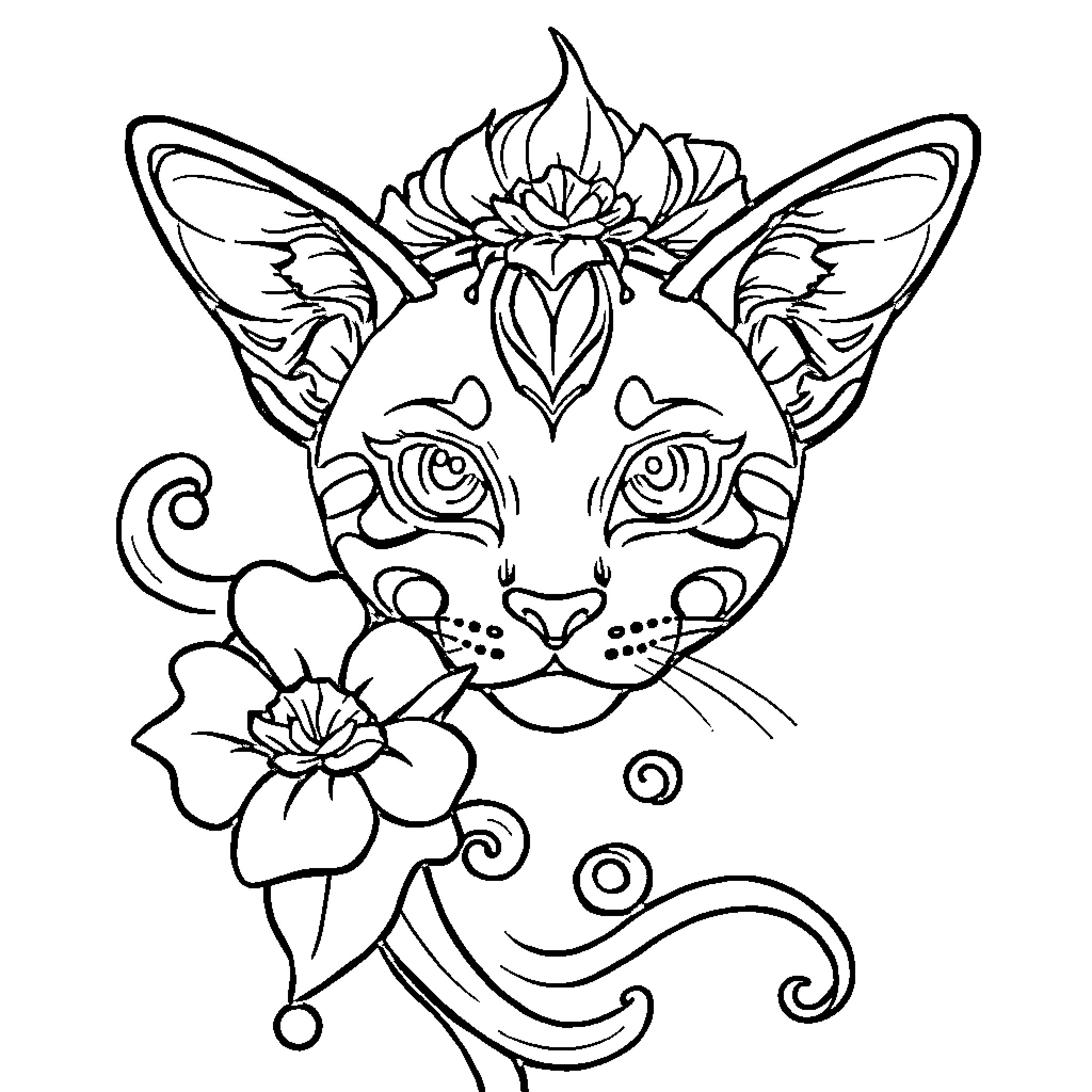 Tattoo of a decorated cat with floral elements Coloring Page (free black-and-white line drawing printable PDF for all, from beginners to advanced learners, including children, teens, adults, and seniors)