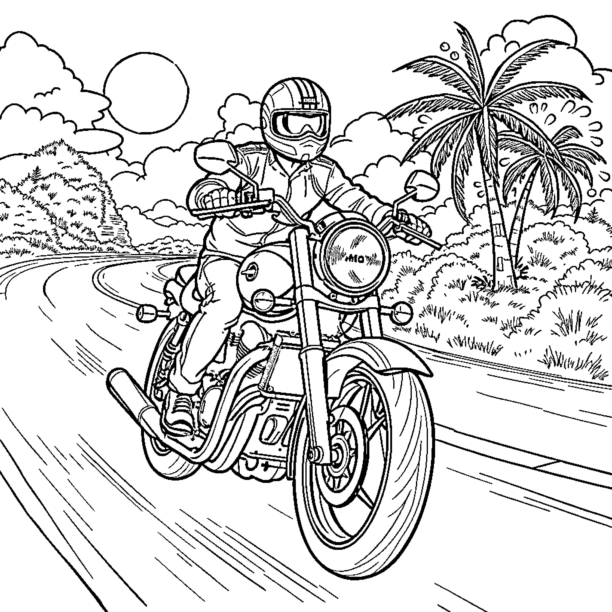 Motorbike rider enjoying scenic tropical landscape Coloring Page (free black-and-white line drawing printable PDF for all, from beginners to advanced learners, including children, teens, adults, and seniors)
